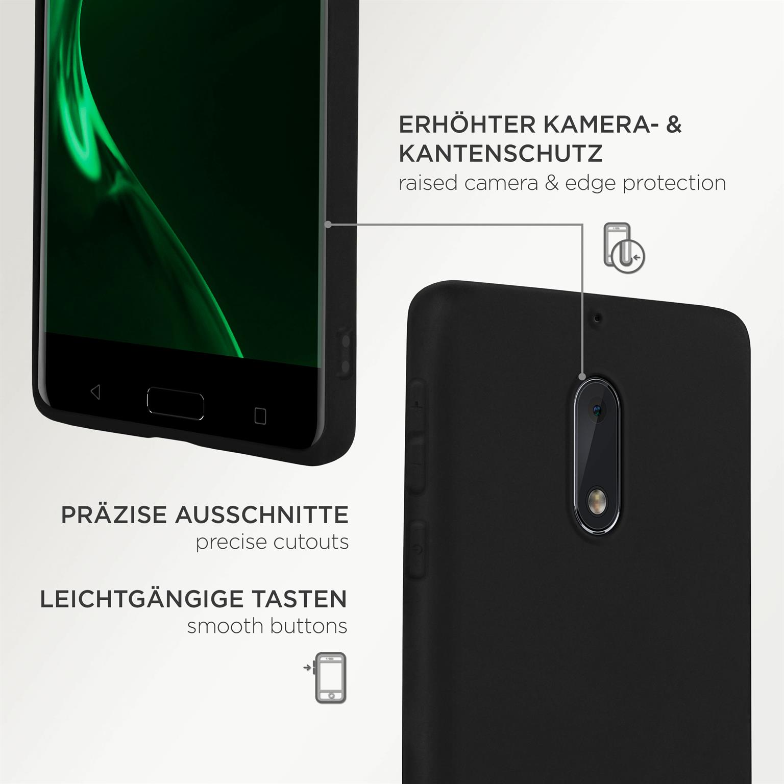 Nahaufnahme einer schwarzen Handyhülle. Text: 'präzise Ausschnitte' und 'leichtgängige Tasten'.
