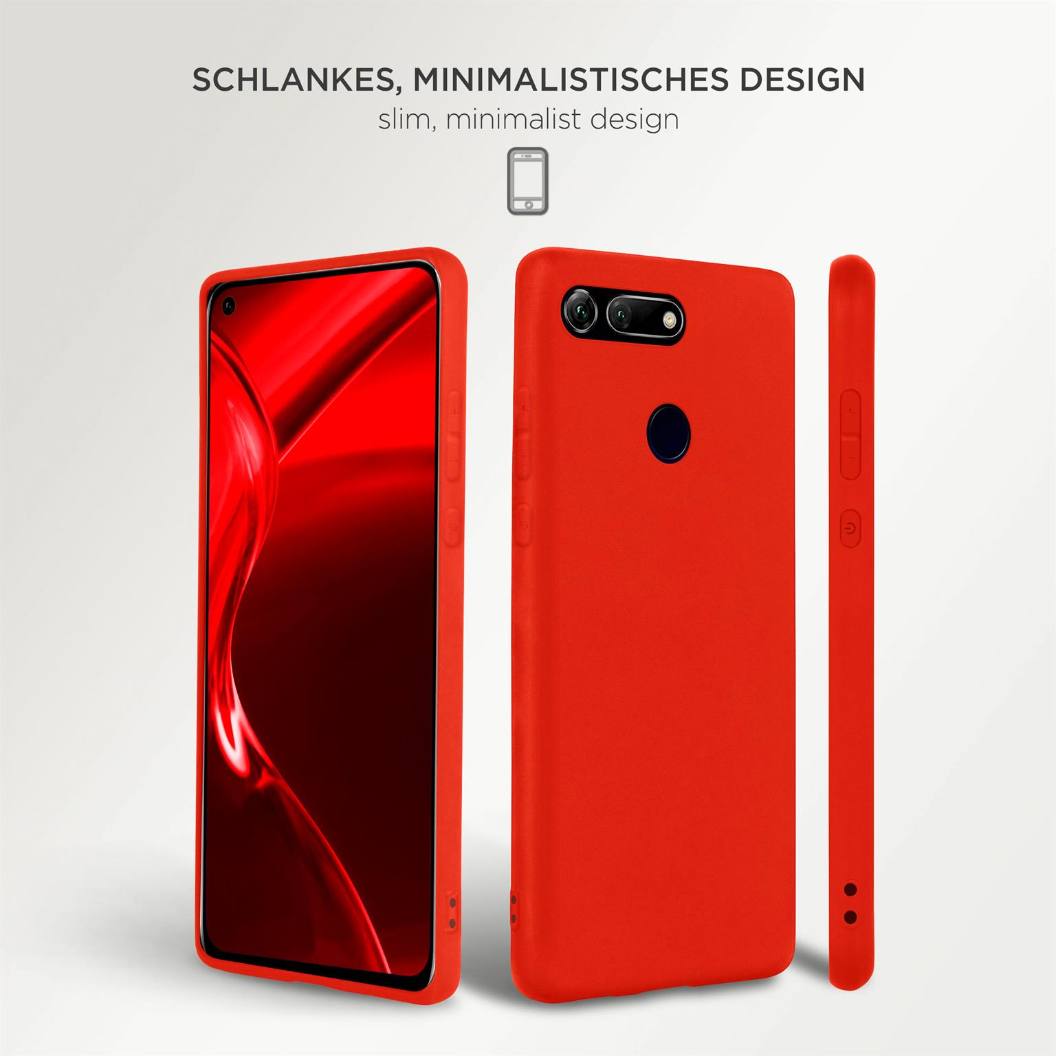 Rote Handyhüllen, Vorder-, Rück- und Seitenansicht.