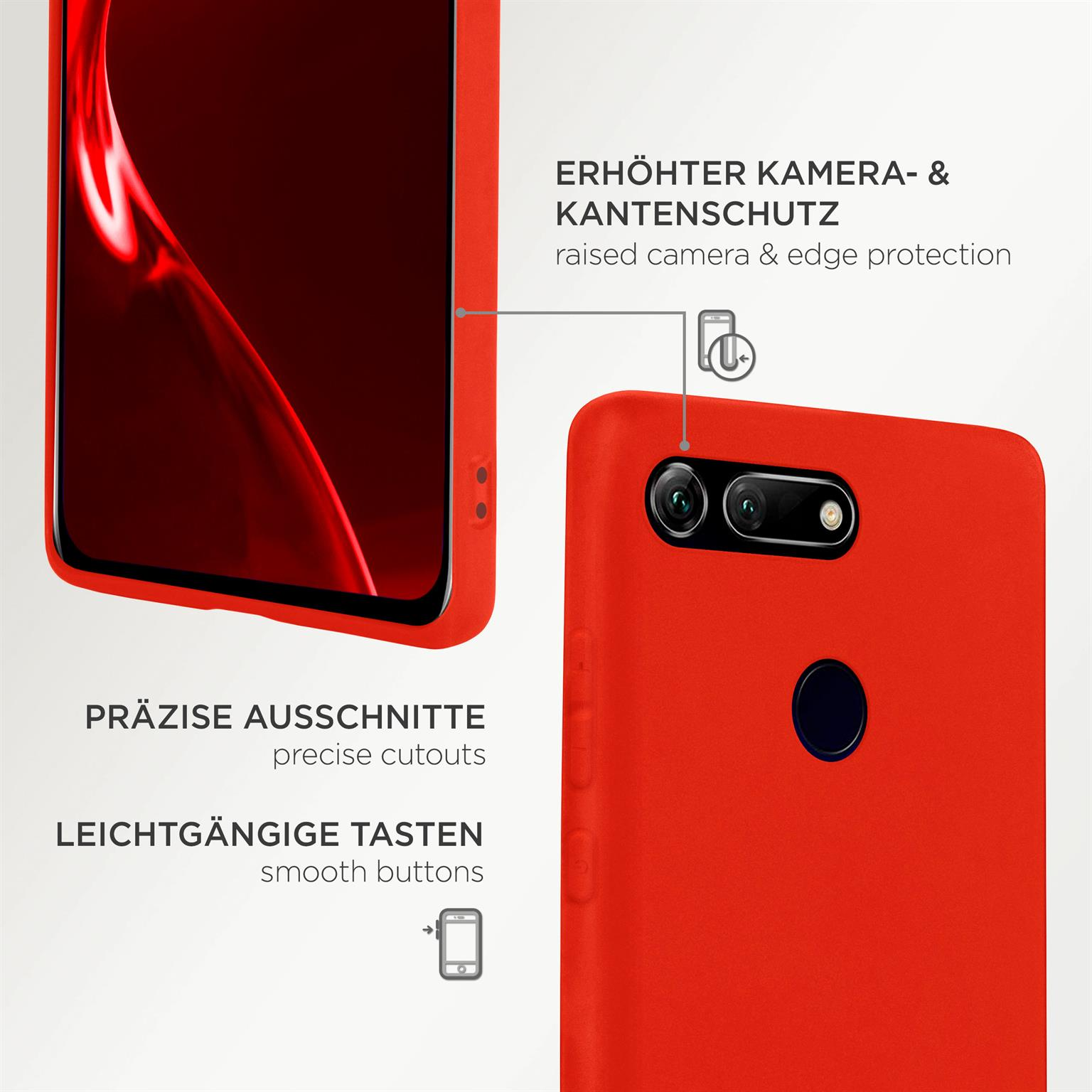 Nahaufnahme einer roten Handyhülle. Zeigt die Kamera, Tasten und Kantenschutz.