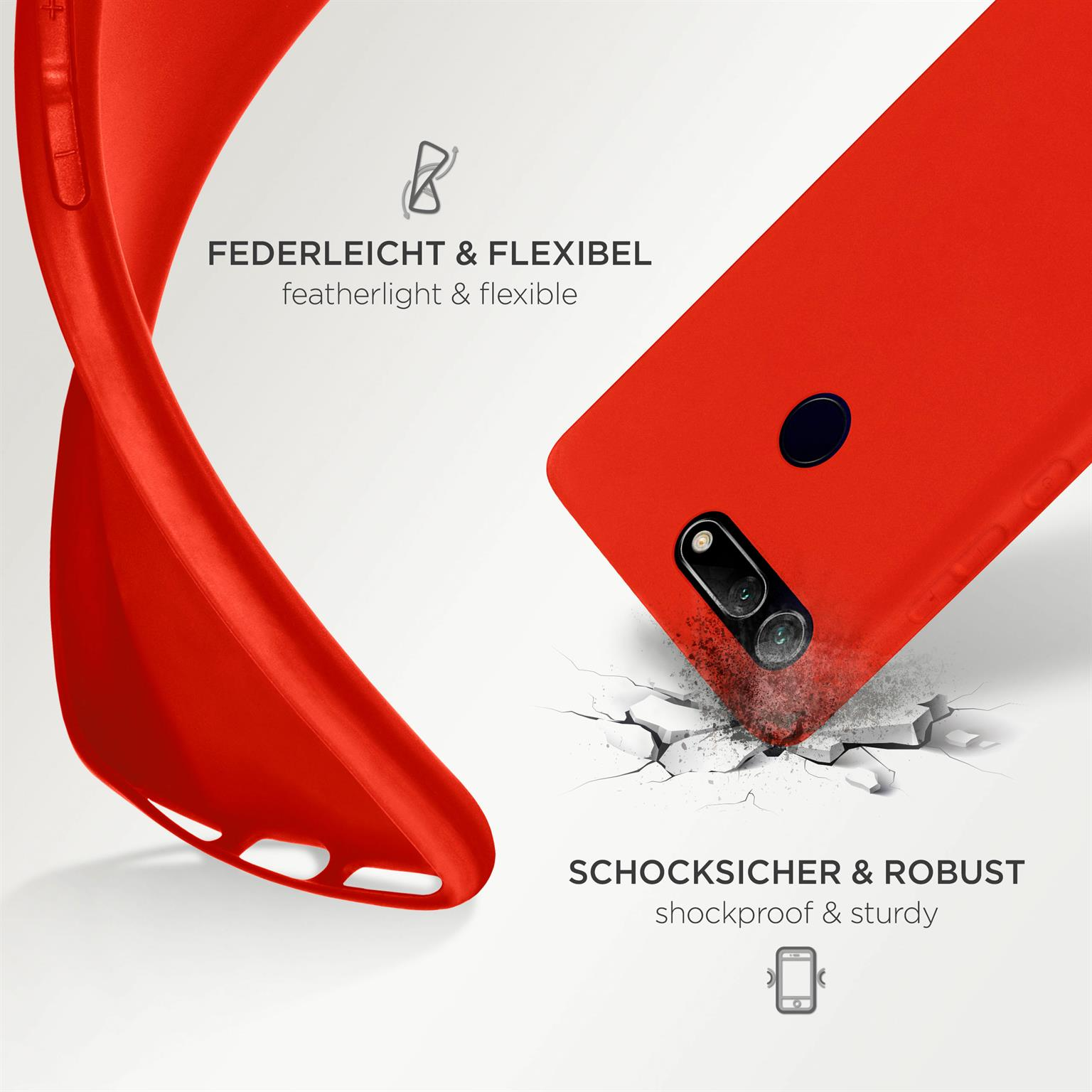 Rote Handyhülle mit Staub. Es ist flexibel und robust. Es ist eine flexible und stoßfeste Hülle.