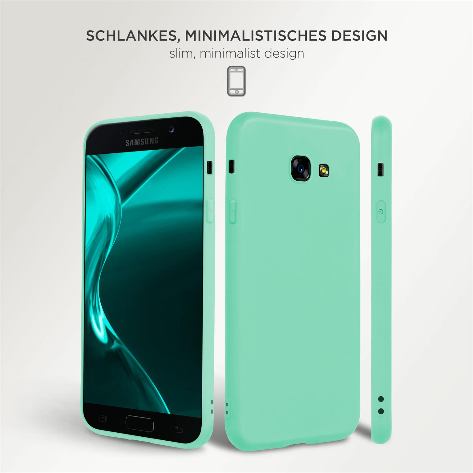 Drei mintgrüne Handyhüllen. Text: Schlankes, minimalistisches Design.