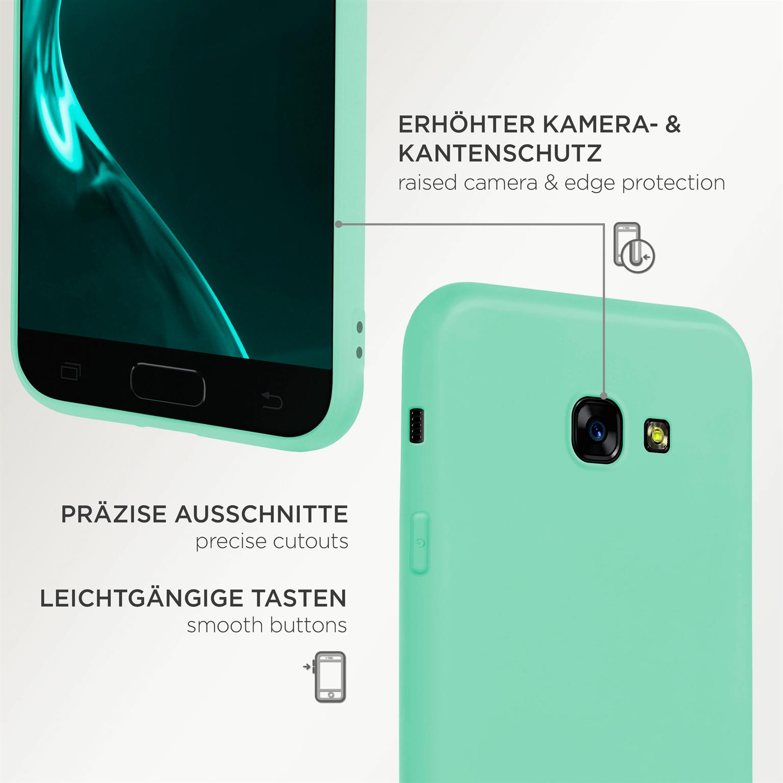 Eine mintgrüne Handyhülle, die den Telefonbildschirm und die Ausschnitte für die Tasten zeigt.