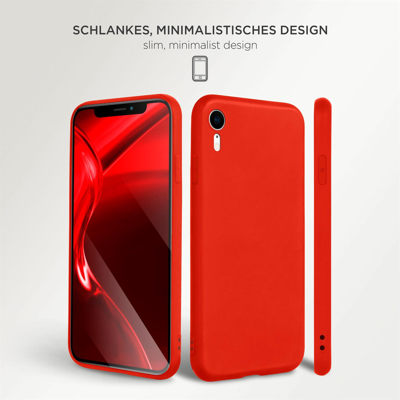 Drei rote Handyhüllen, die Vorder-, Seiten- und Rückansicht zeigen. Weißer Hintergrund.