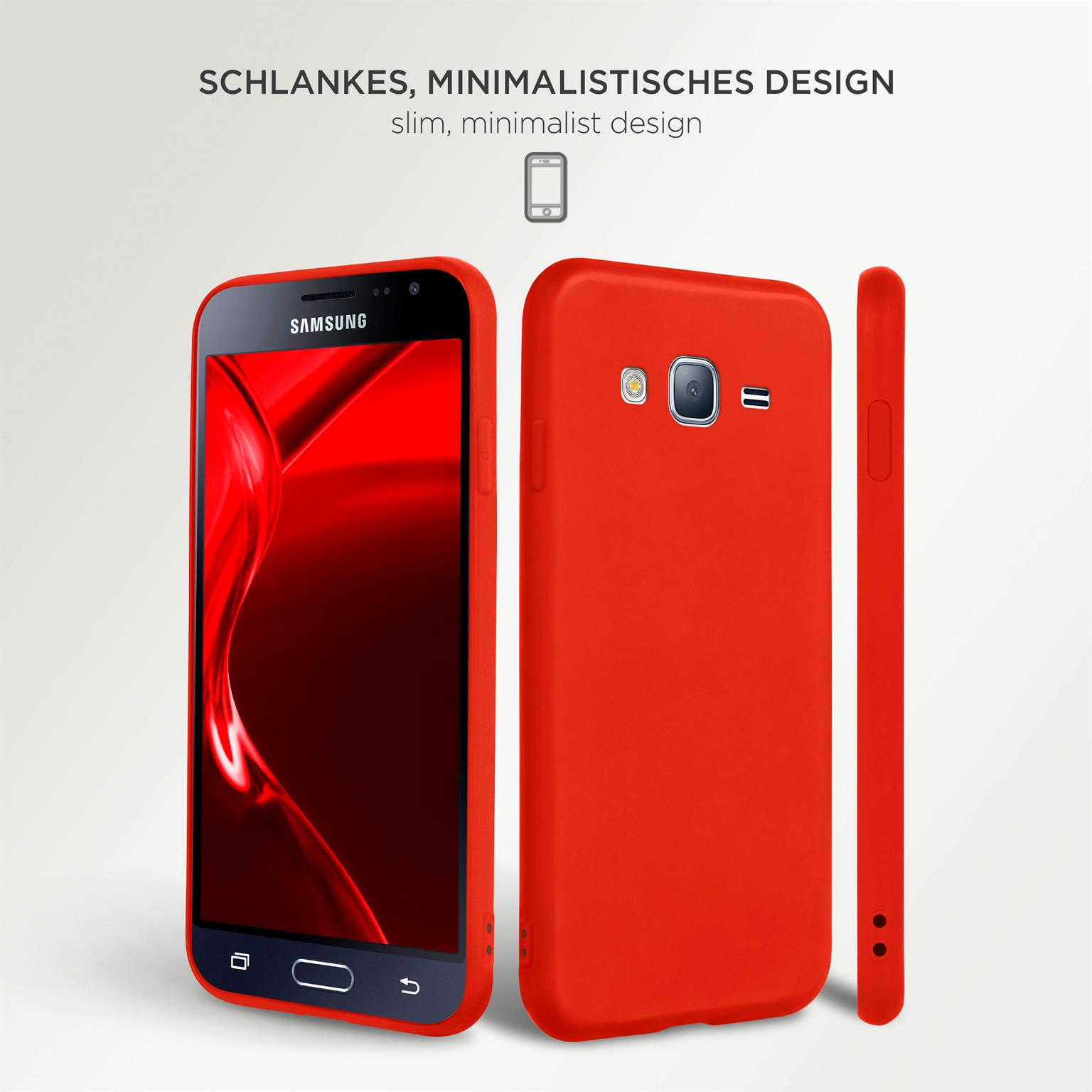 Rote Handyhülle neben drei Telefonansichten. Weißer Hintergrund.