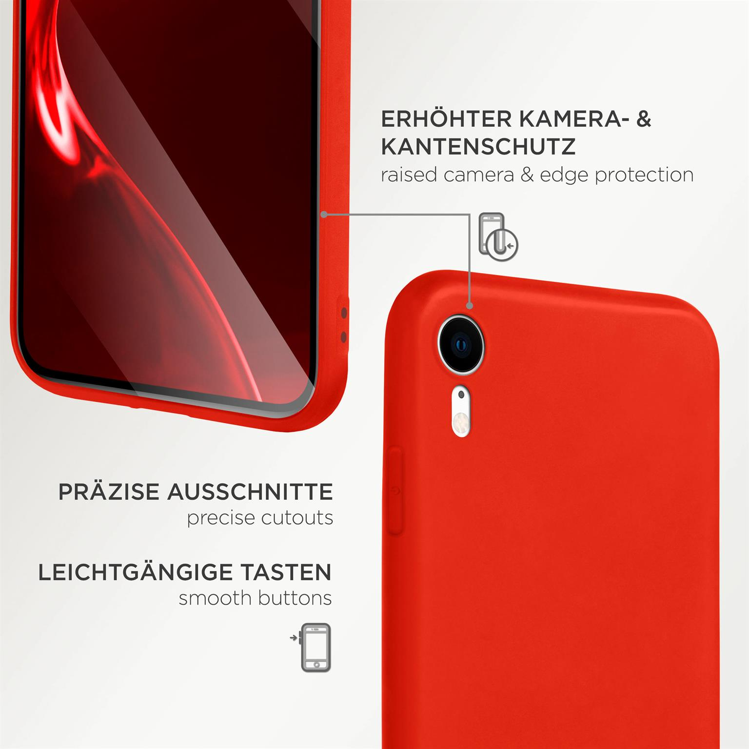 Nahaufnahme einer roten Handyhülle, die Merkmale und Tasten hervorhebt.