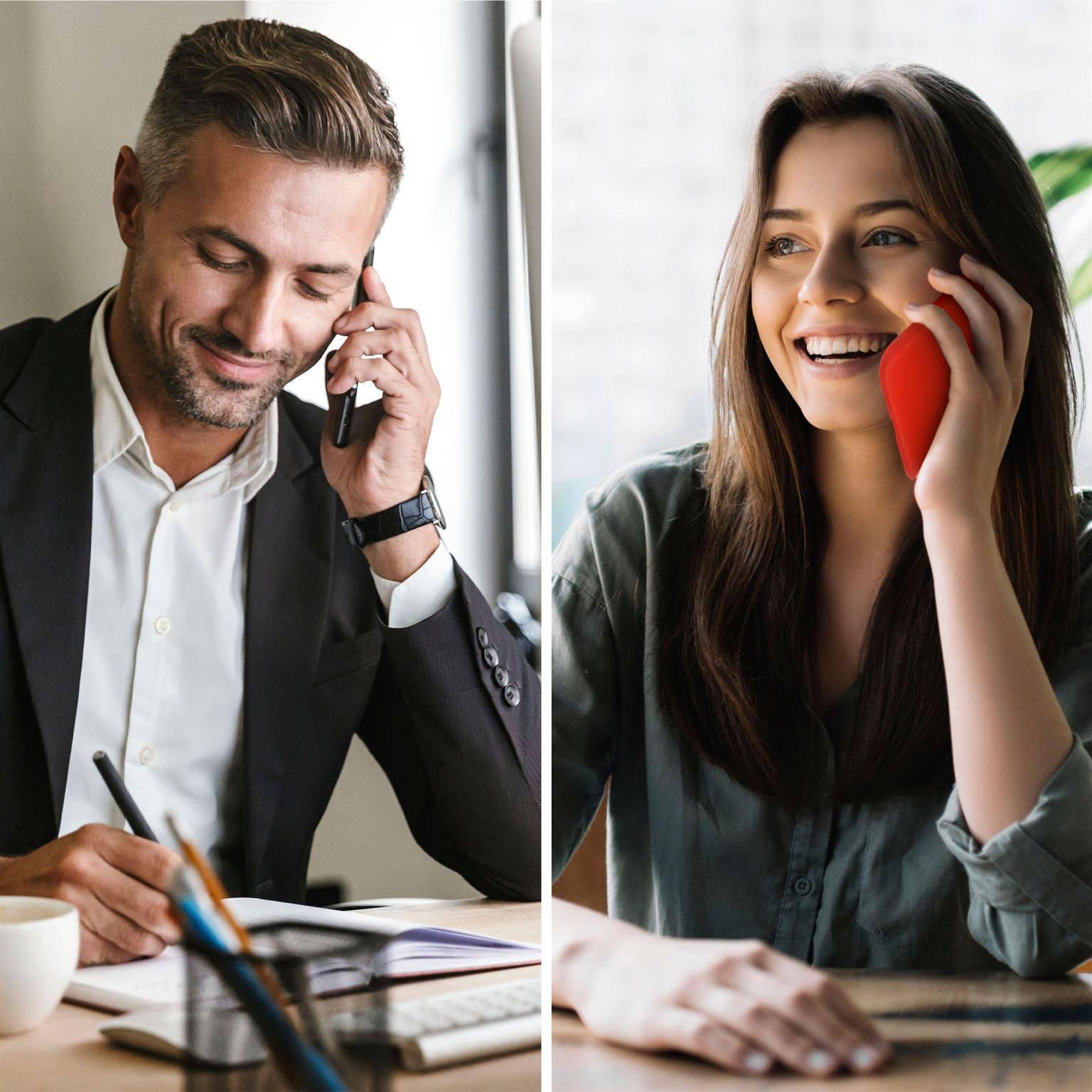 Mann und Frau telefonieren, lächeln, schauen auf Notizbuch, rotes Telefon. Hintergrund: Büro.