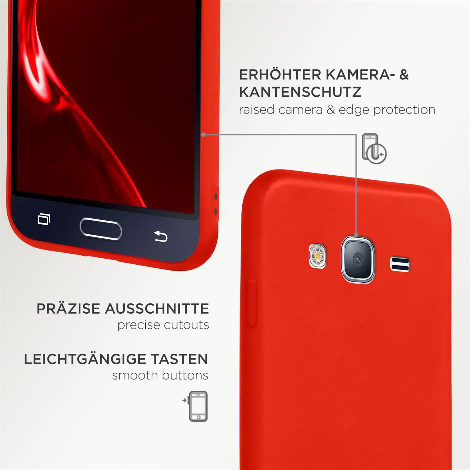 Rote Handyhülle mit präzisen Aussparungen. Text zeigt erhöhten Kamera- und Kantenschutz, glatte Tasten.