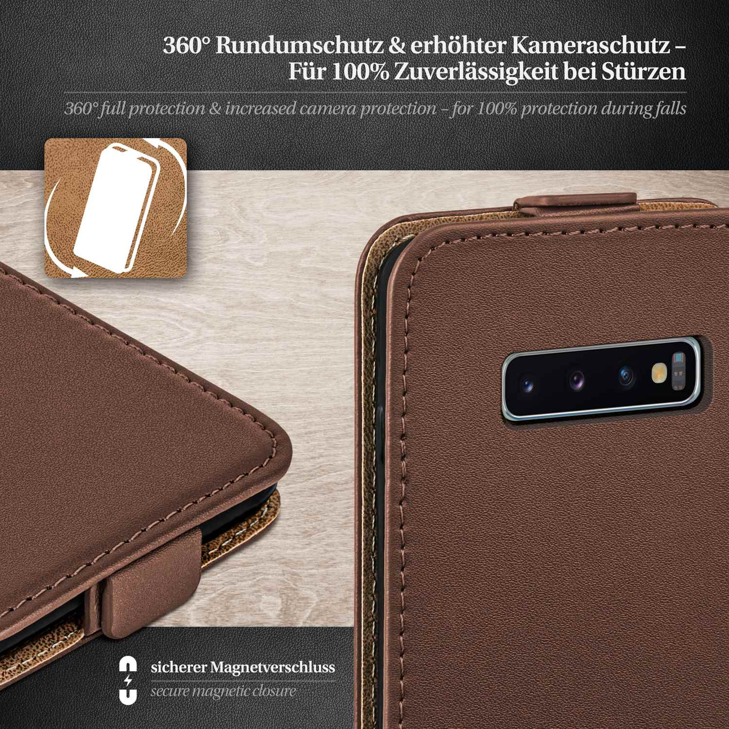 Braune Handyhülle mit Telefon. Die Hülle hat einen Magnetverschluss. Bietet Schutz.