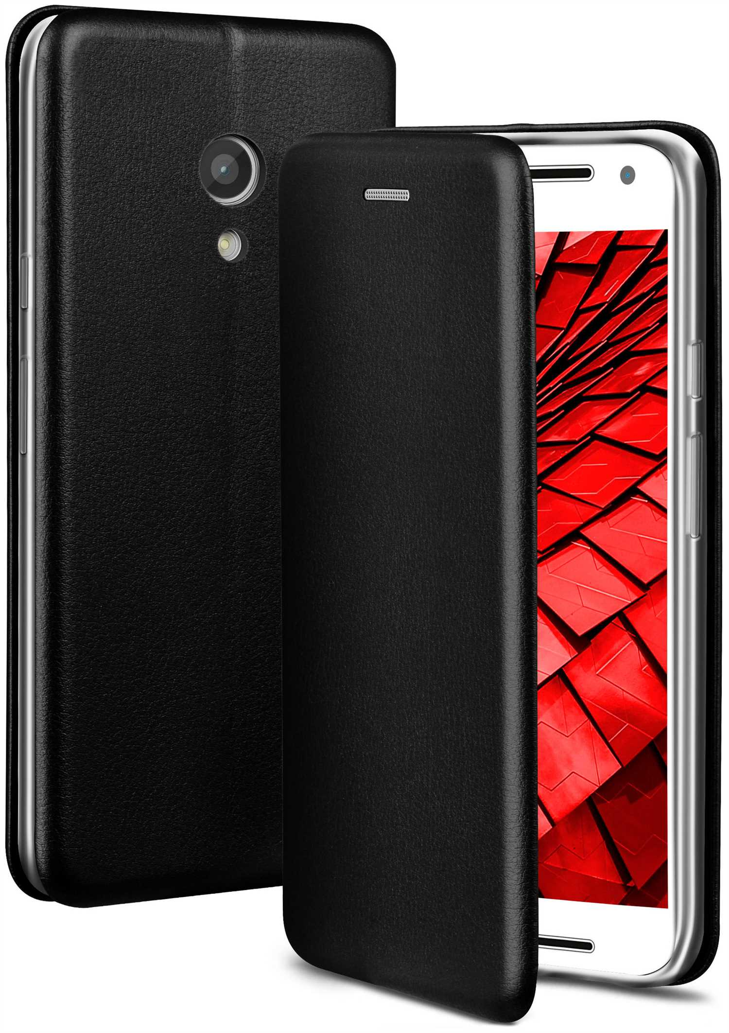 Schwarze Telefonhülle mit Telefon. Schwarze Lederstruktur, mit Kamera.