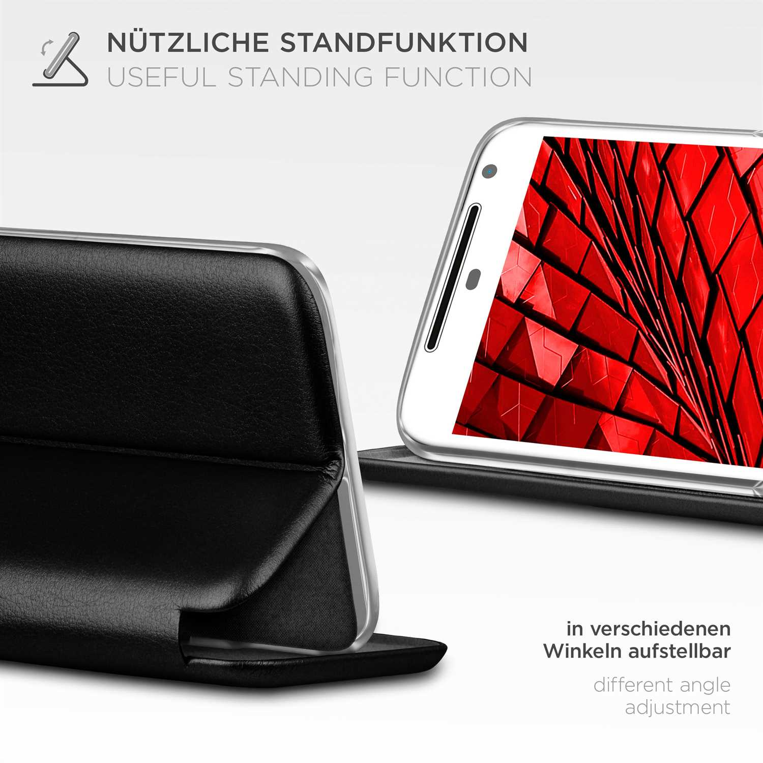 Schwarze Handyhülle mit rotem geometrischen Design auf dem Telefonbildschirm. Textetiketten sind auf Deutsch.