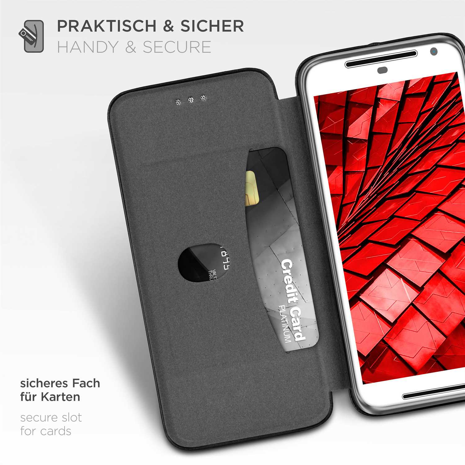 Graue Handyhülle mit Kreditkarte im Kartenfach und Telefon mit rotem strukturiertem Hintergrund.