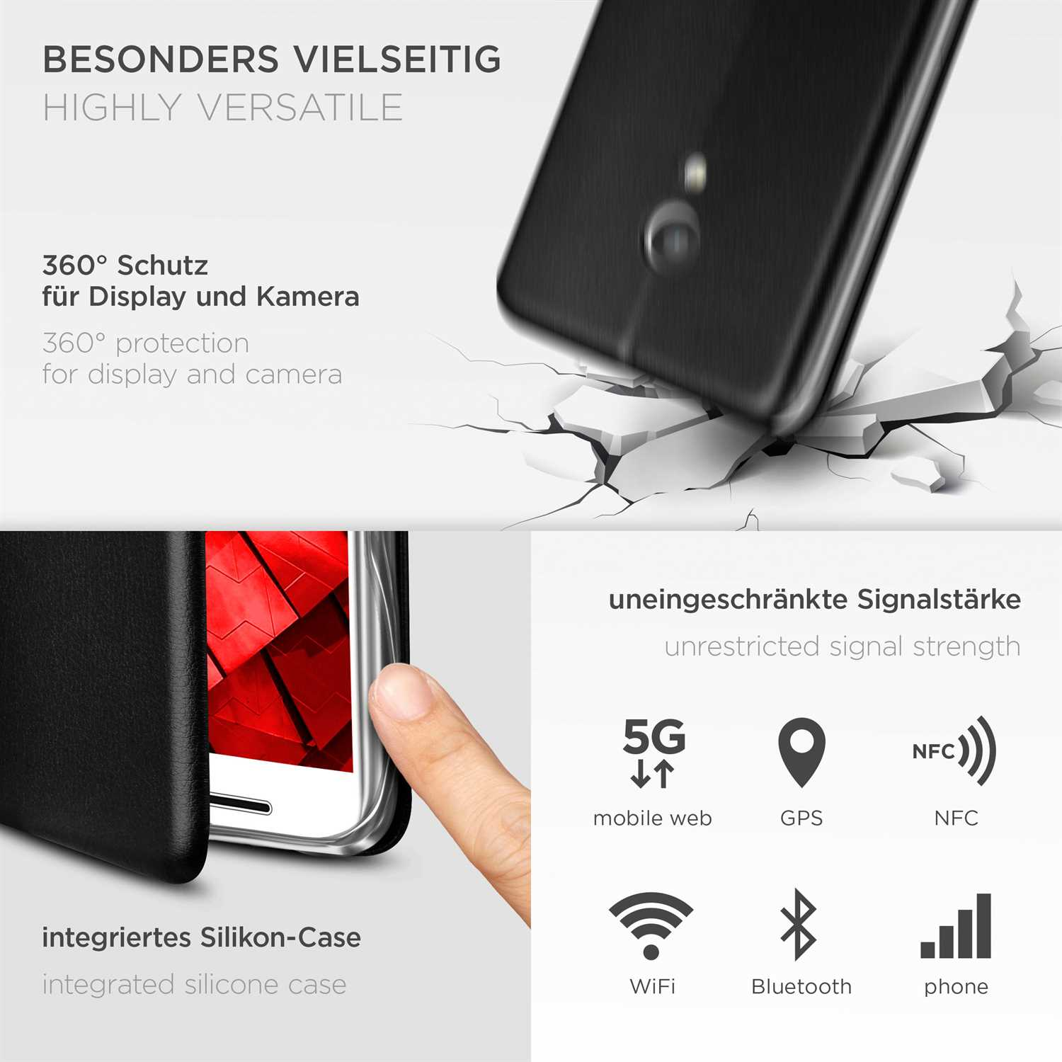Handyhülle mit Riss-Illustration und Icons für 5G, GPS, NFC, WLAN, Bluetooth und Telefon.