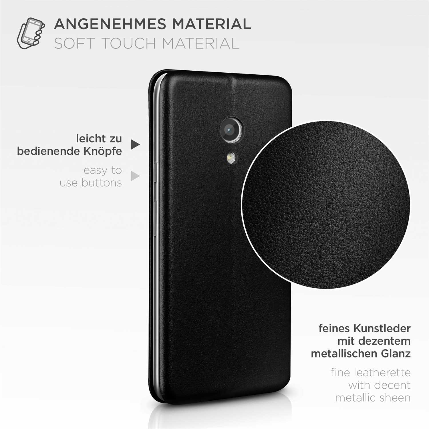 Schwarze Handyhülle mit einfach zu bedienenden Knöpfen und Nahaufnahme der Lederstruktur.