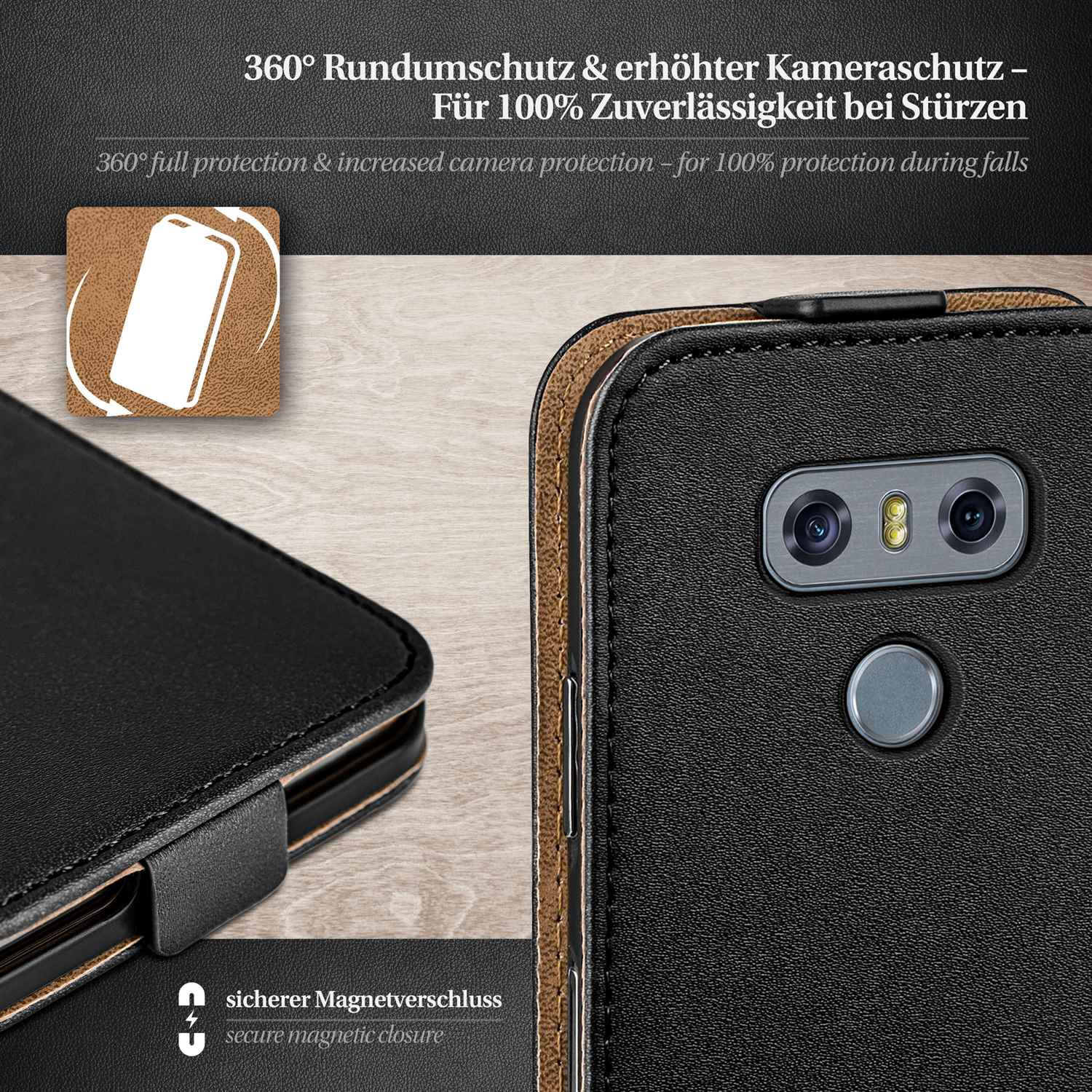 Handyhülle mit sicherem Magnetverschluss. Der Text lautet: 360° Rundumschutz & erhöhter Kameraschutz.