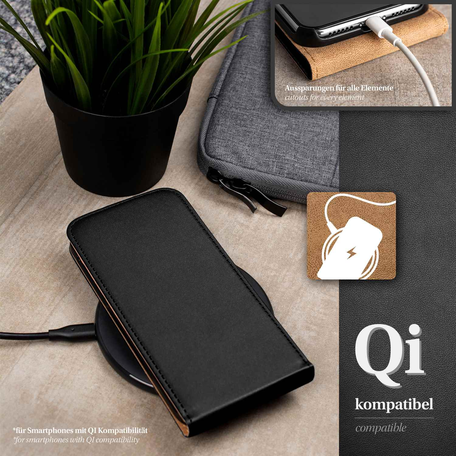 Schwarze Handyhülle mit Telefon auf kabellosem Ladegerät und Zubehör.