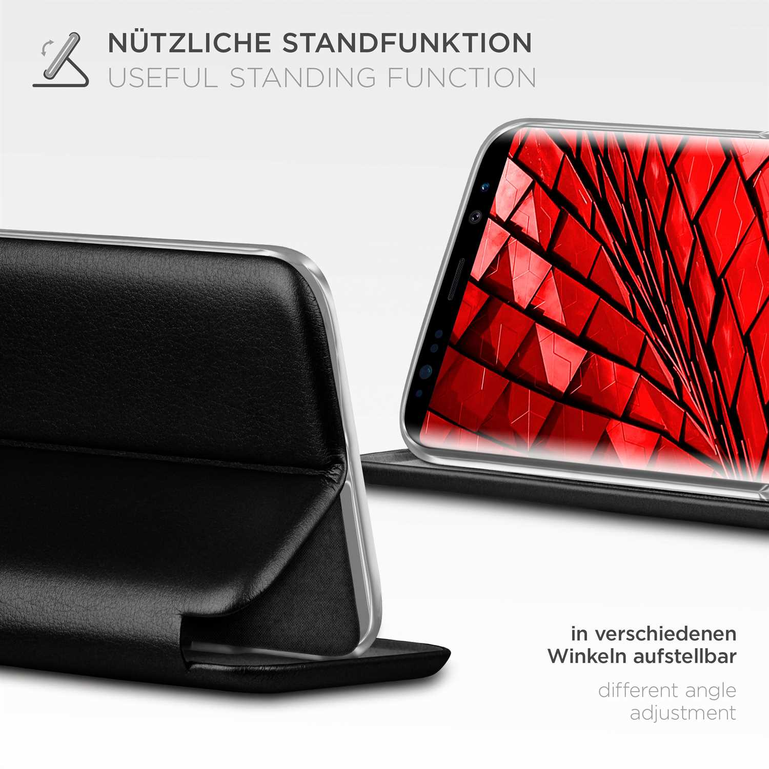Eine schwarze Handyhülle mit einem Telefon, das ein rotes geometrisches Muster zeigt.