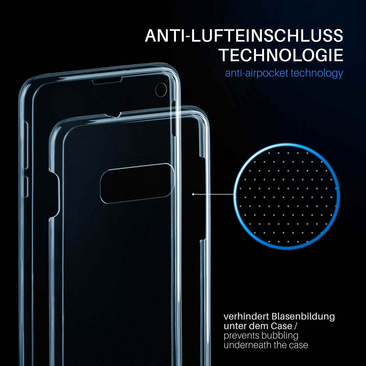 Transparente Handyhülle, Nahaufnahme, die Anti-Luftblasen-Technologie zeigt.