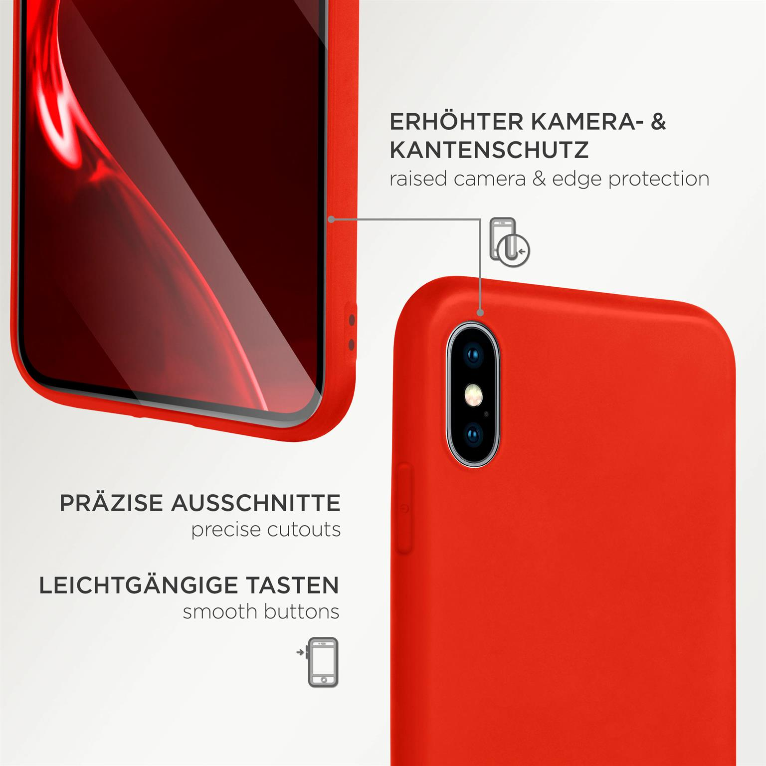 Rote Handyhülle. Nahaufnahme der Knöpfe und Kameraaussparung.