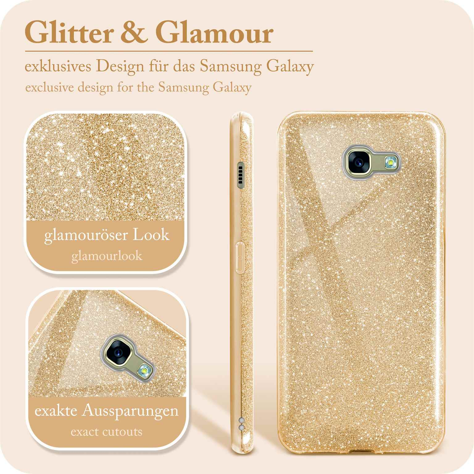 Goldener Glitzer-Handy-Hülle mit Text. Detailansicht zeigt Ausschnitte und Glamour-Look.
