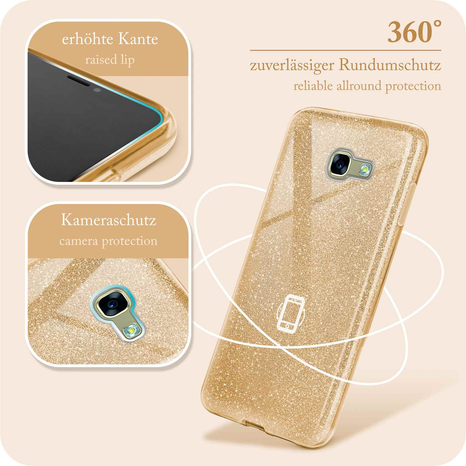 Goldglitzer-Handyhülle, Kamera und erhöhte Lippen-Details. Text auf Deutsch.