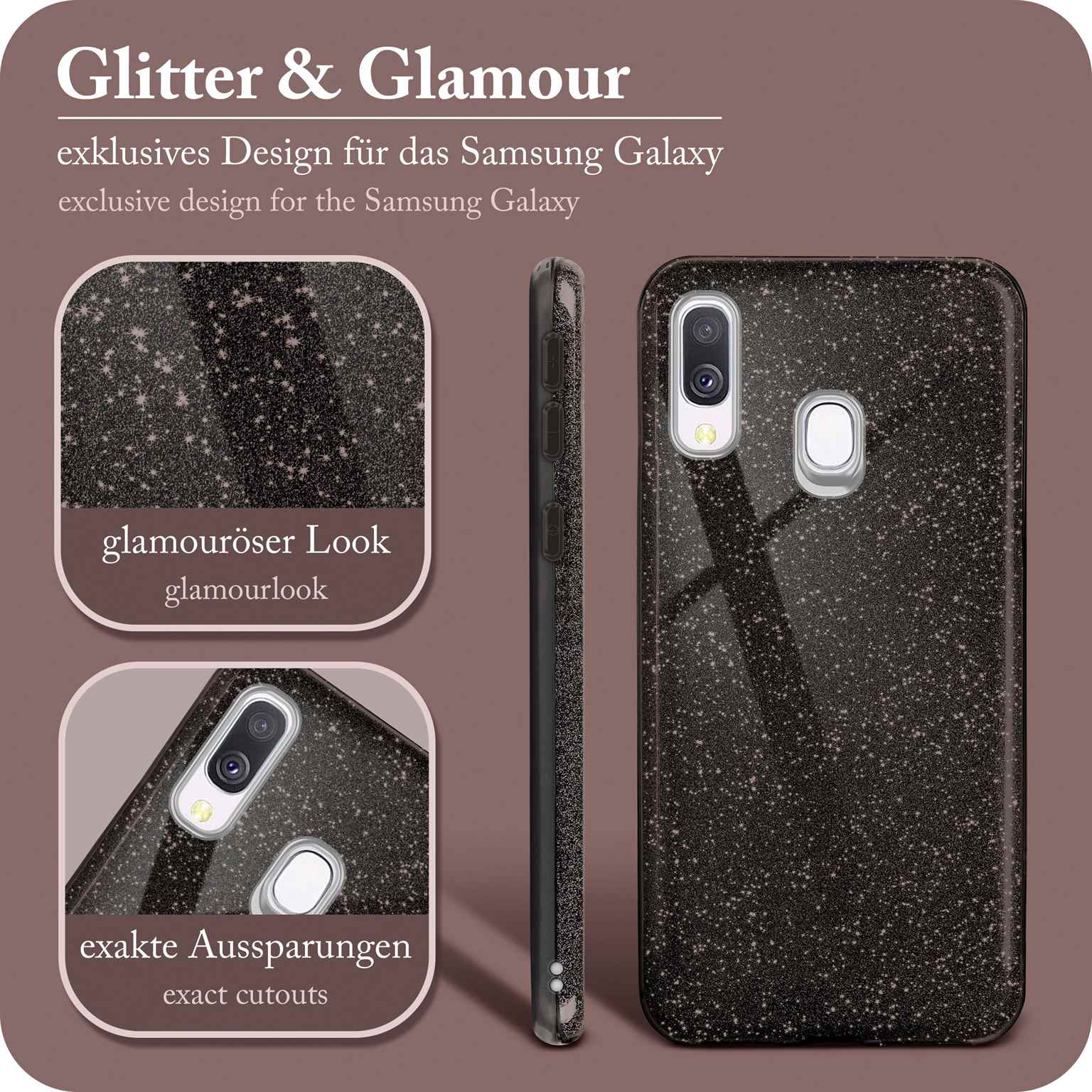 Schwarze glitzernde Handyhülle, Glitzer-Design. Text: Glamour-Look, exakte Aussparungen, exklusives Design für Samsung Galaxy.