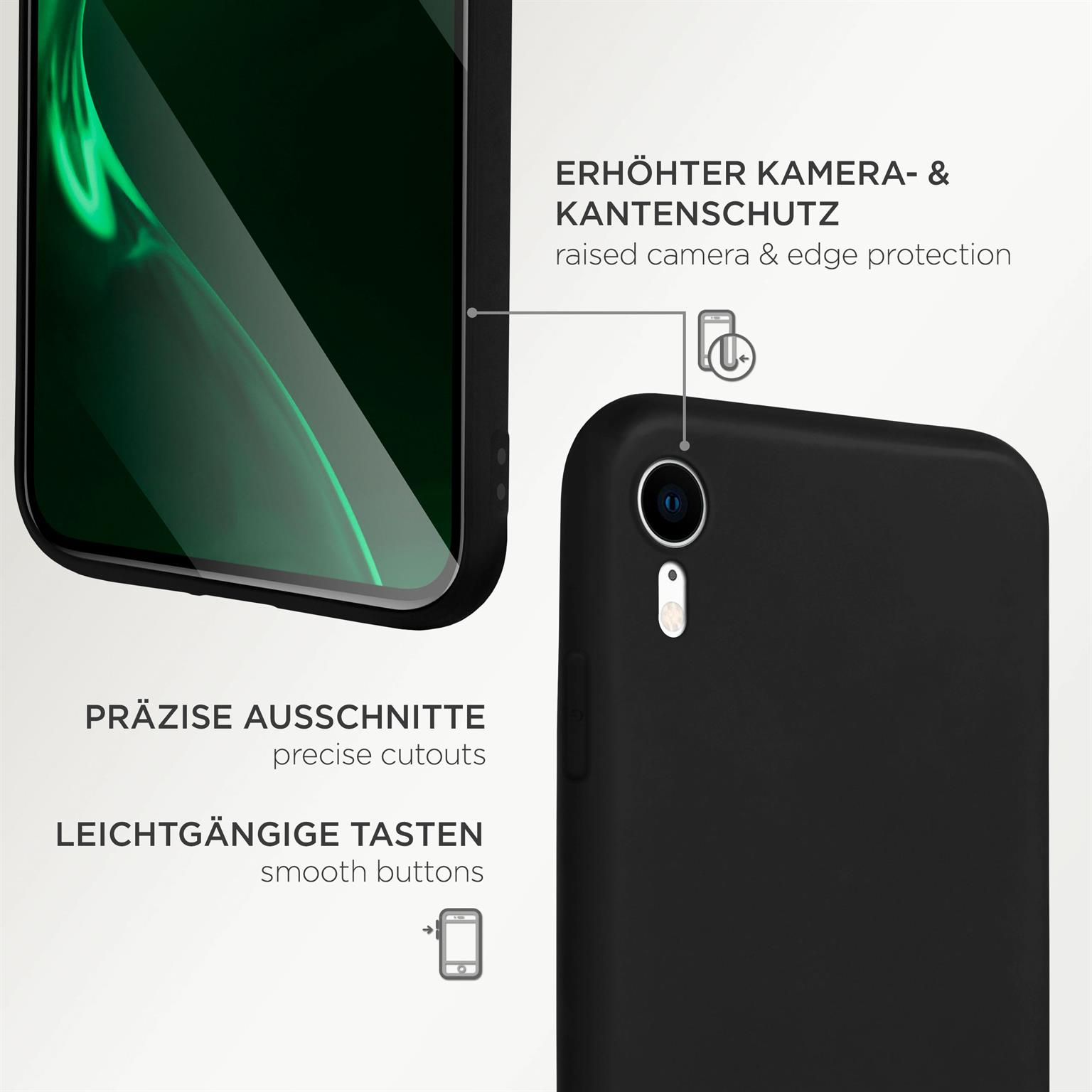 Eine schwarze Handyhülle, die einen Telefonbildschirm zeigt. Präzise Aussparungen und erhöhte Ränder.