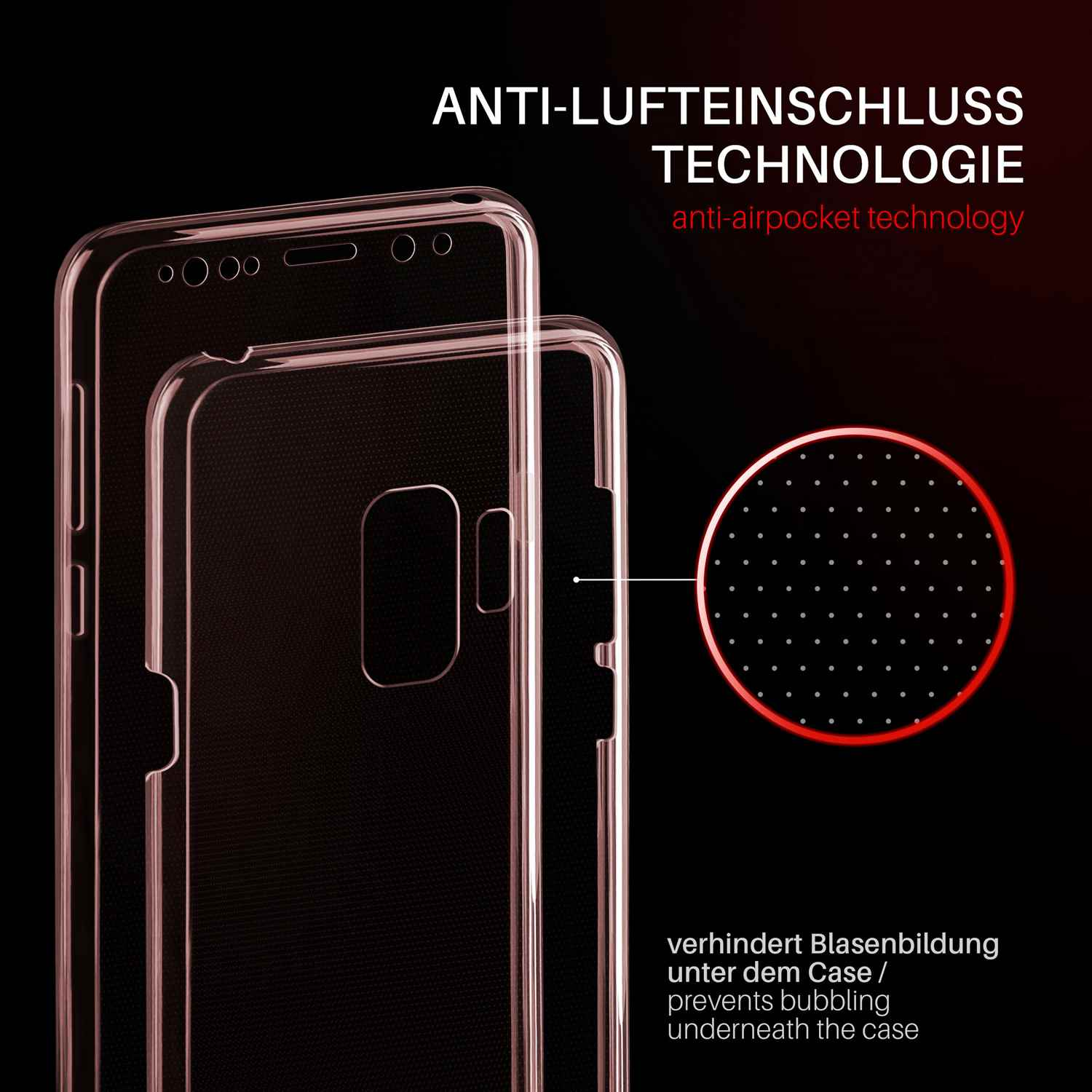 Transparente Handyhülle mit Anti-Lufteinschluss-Technologie. Nahaufnahme zeigt Hülle mit kleinen Punkten.