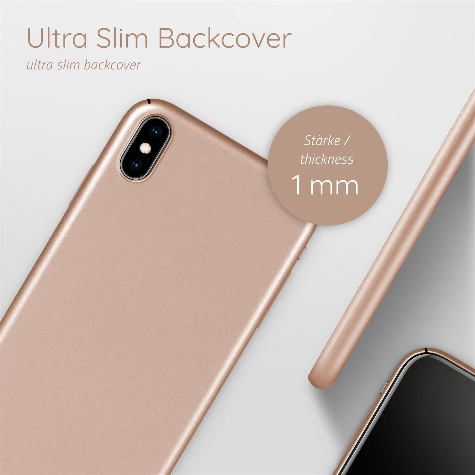 Roségoldfarbene Telefon-Rückseite mit schlankem Design und 1 mm Stärkenanzeige.