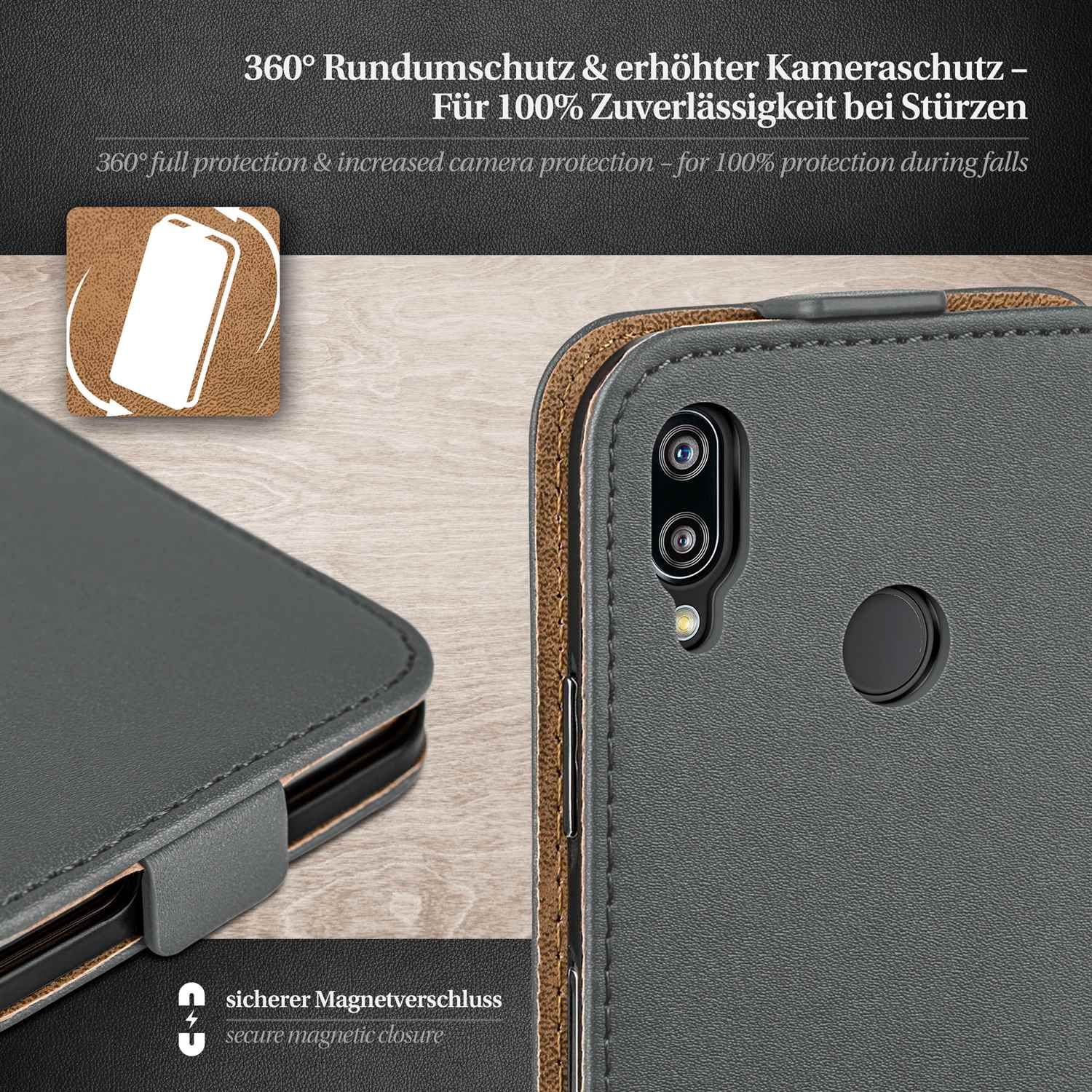Graue Handyhülle mit Magnetverschluss, die ihren 360°-Rundumschutz zeigt.