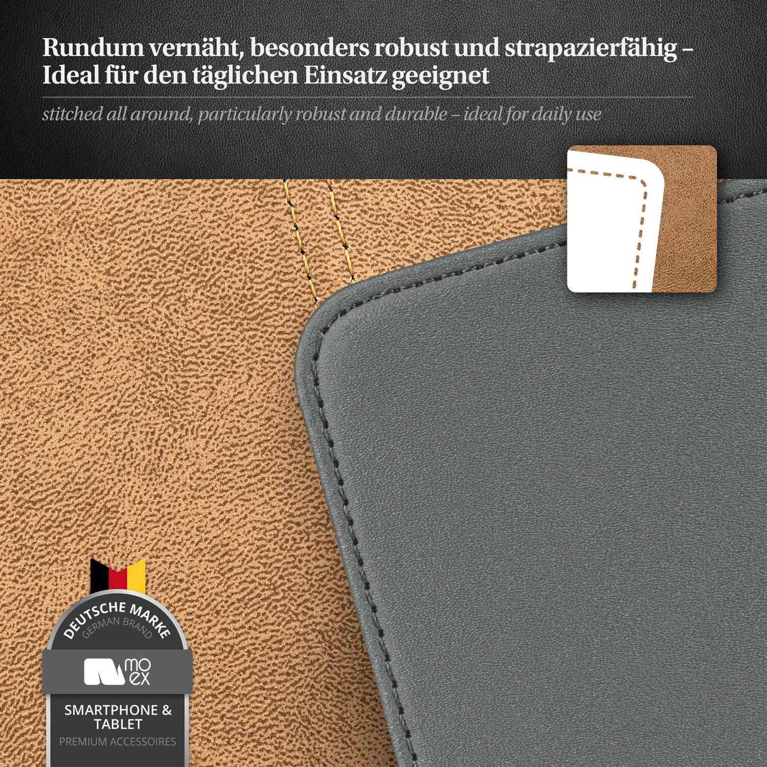 Nahaufnahme einer grauen Smartphone-Hülle auf braun-grauer Oberfläche, mit Produktdetails. Graue Nähte.