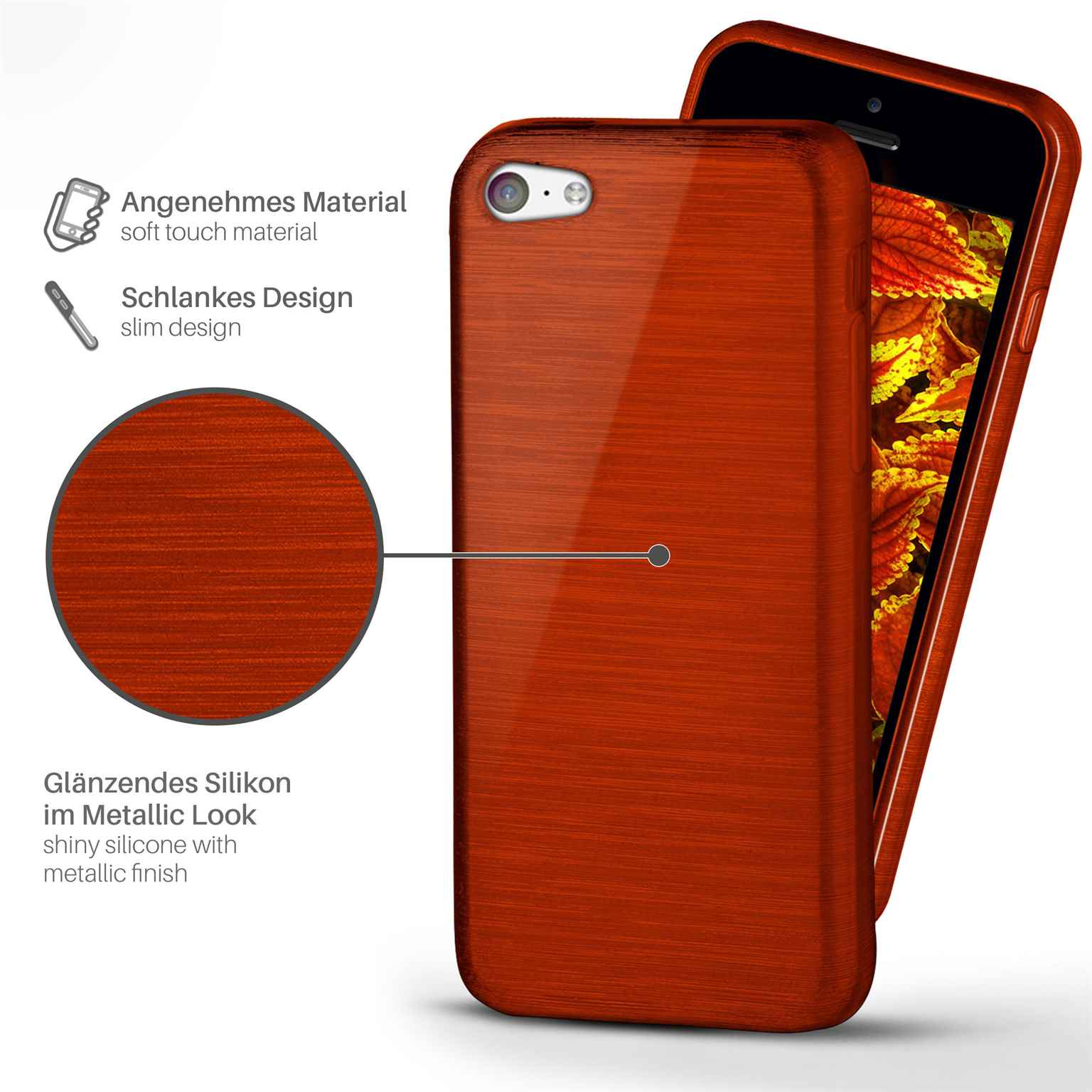 Orangene Handyhülle mit Holzmaserung. Glänzendes Silikon. Das Telefon ist in der Hülle.