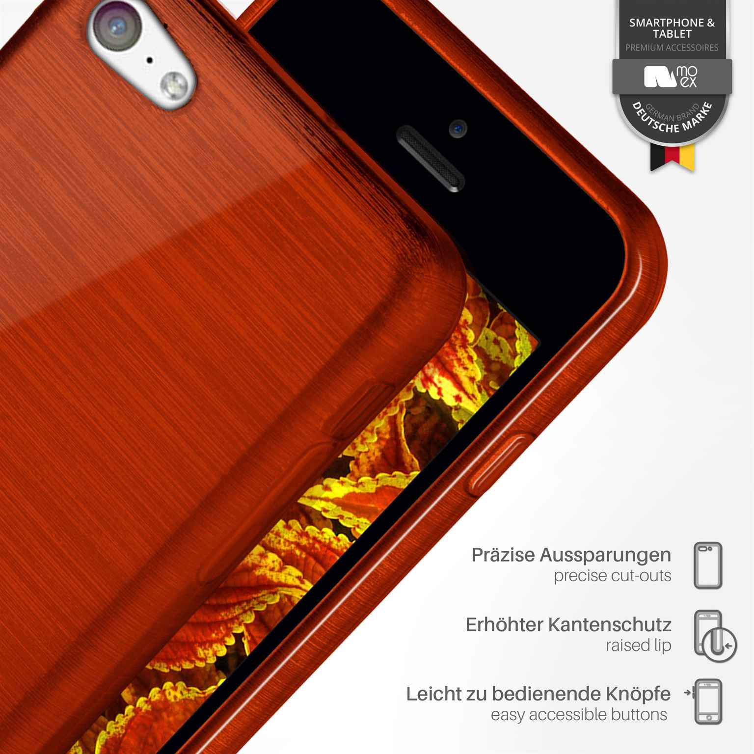 Orangefarbene Handyhülle und Telefon, Text zeigt präzise Aussparungen.