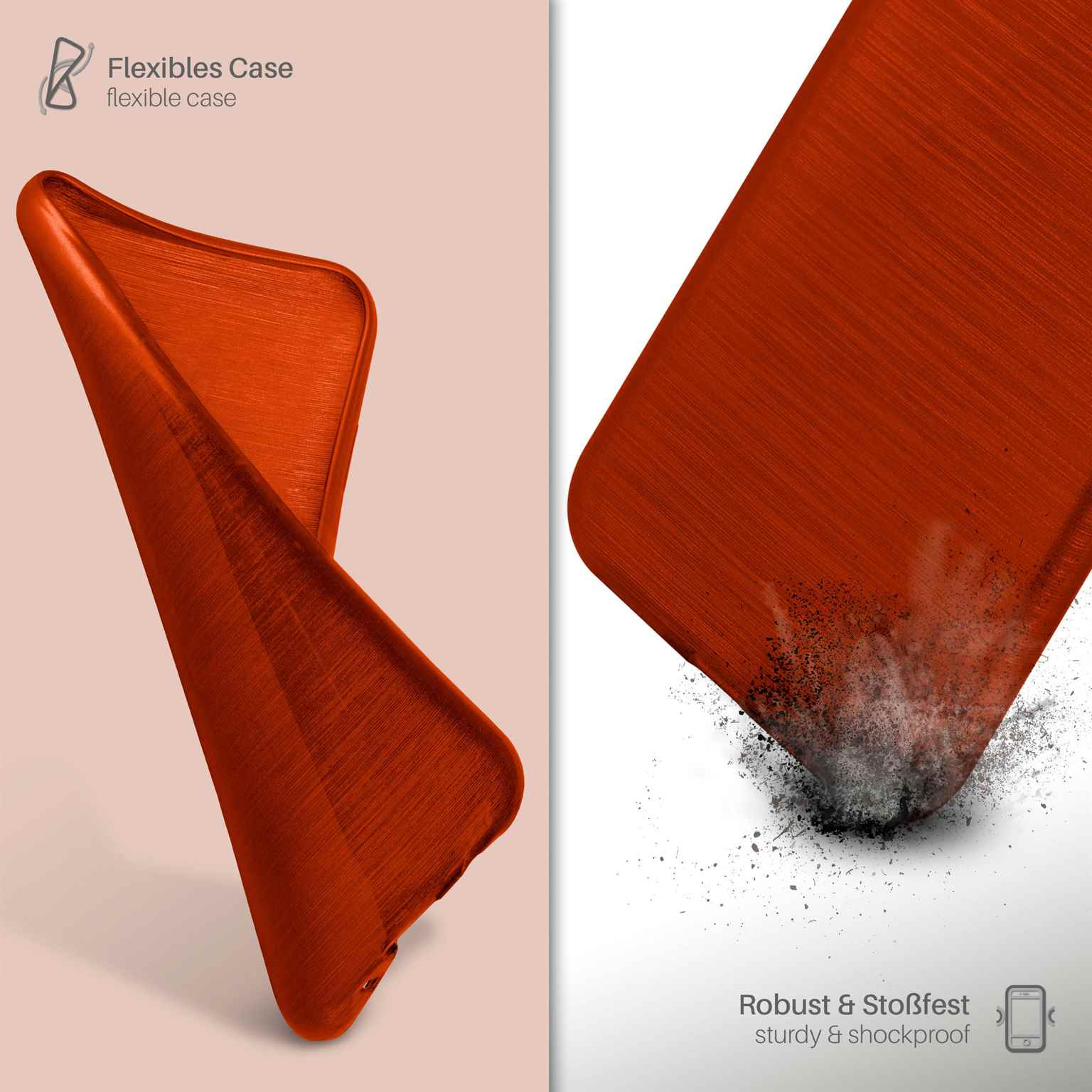 Orangene Handyhülle mit gebürsteter Metallstruktur. Flexible Hülle und stoßfester Text.
