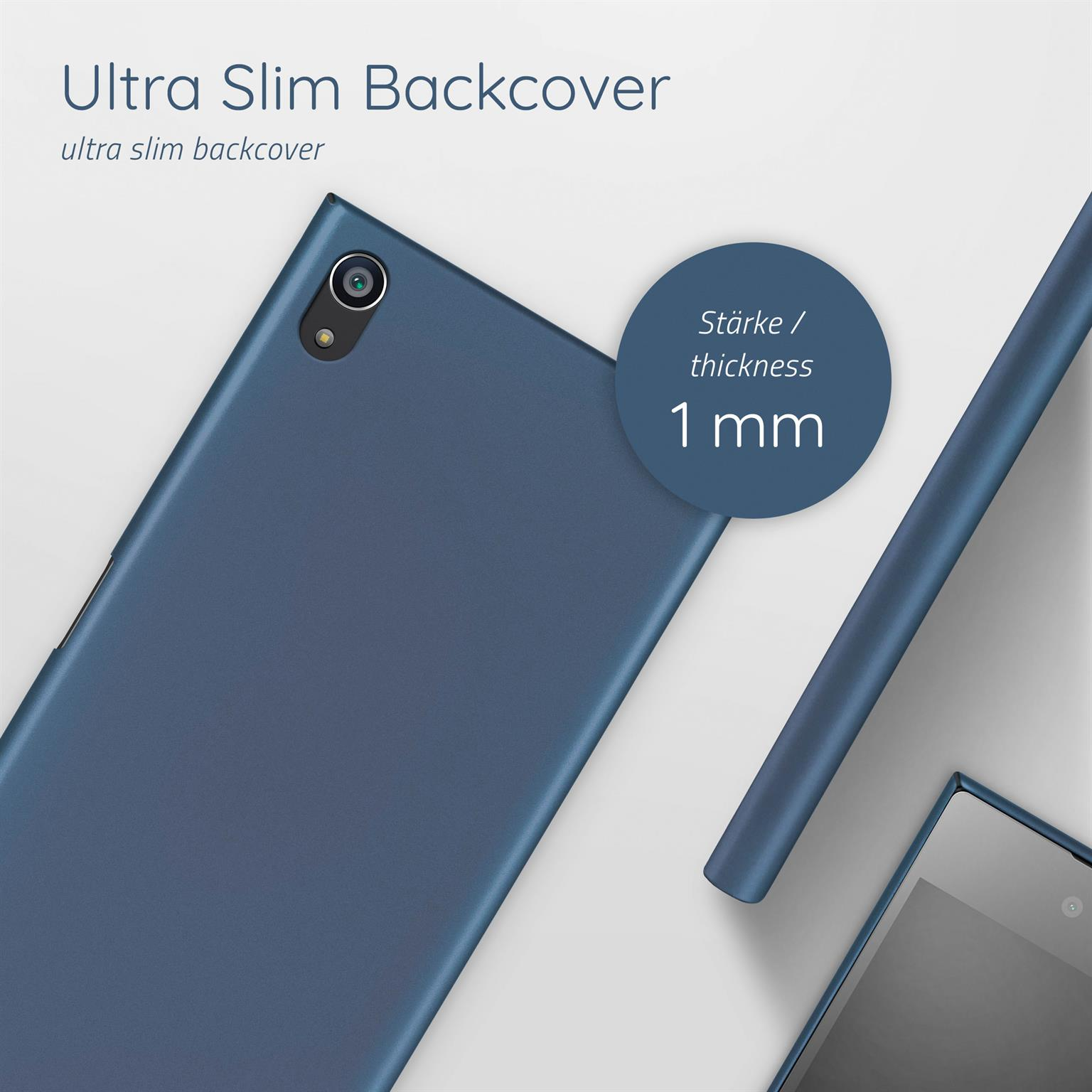 Eine blaue Telefon-Rückseite mit einer Dicke von 1 mm. Eine Seitenansicht eines Telefons ist ebenfalls abgebildet.