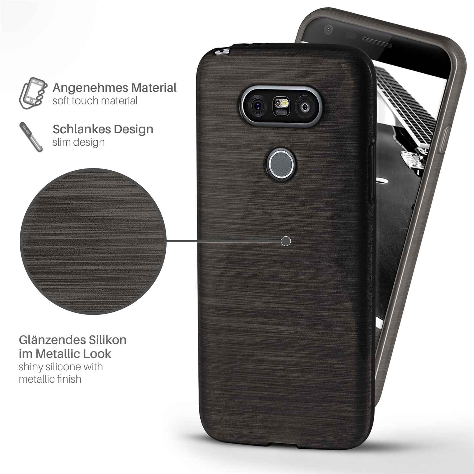 Eine Handyhülle mit dunkler Holzmaserung, mit Text, der Soft-Touch-Material und schlankes Design anzeigt.