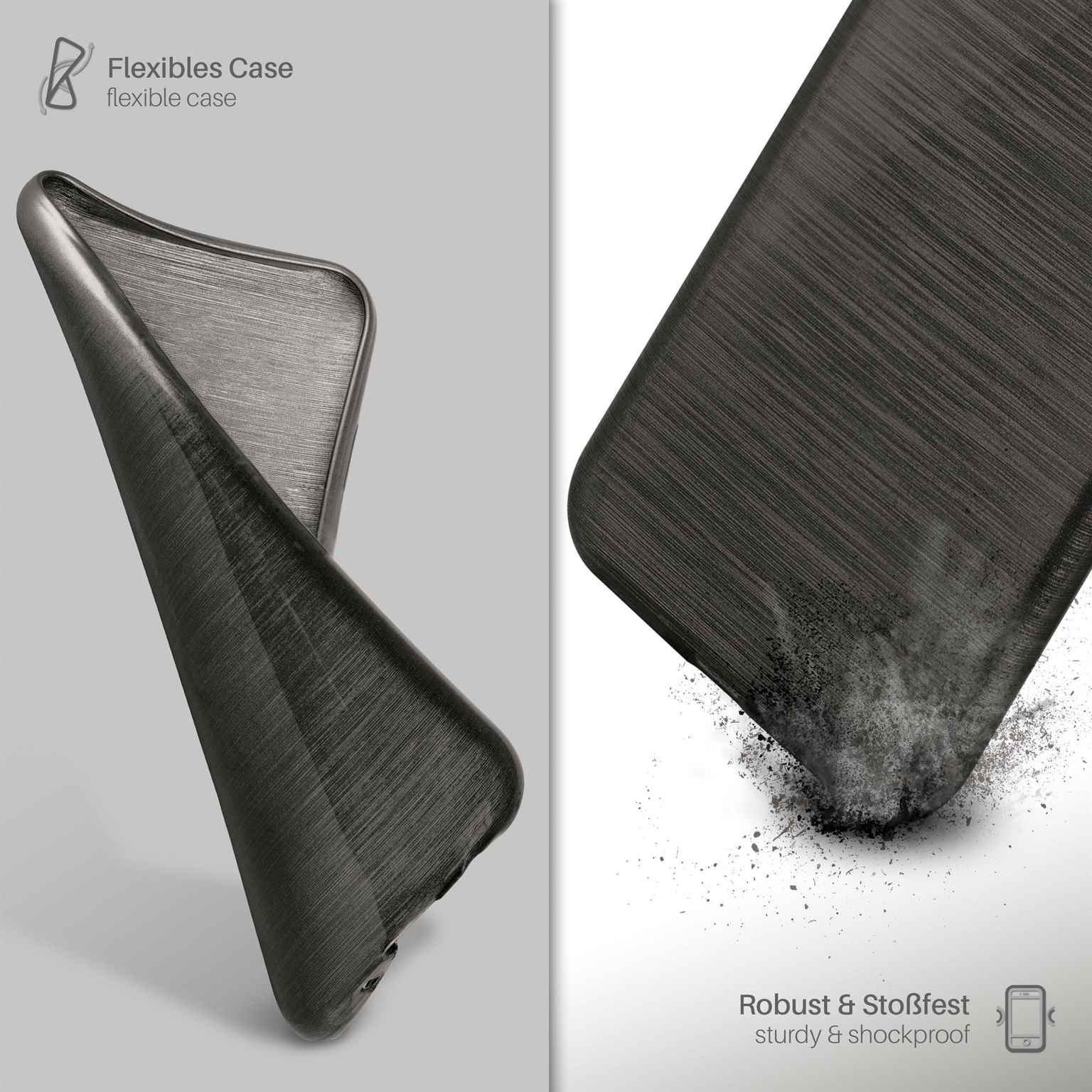 Dunkle Handyhülle mit gebürsteter Metallstruktur. Seite und Rückseite.