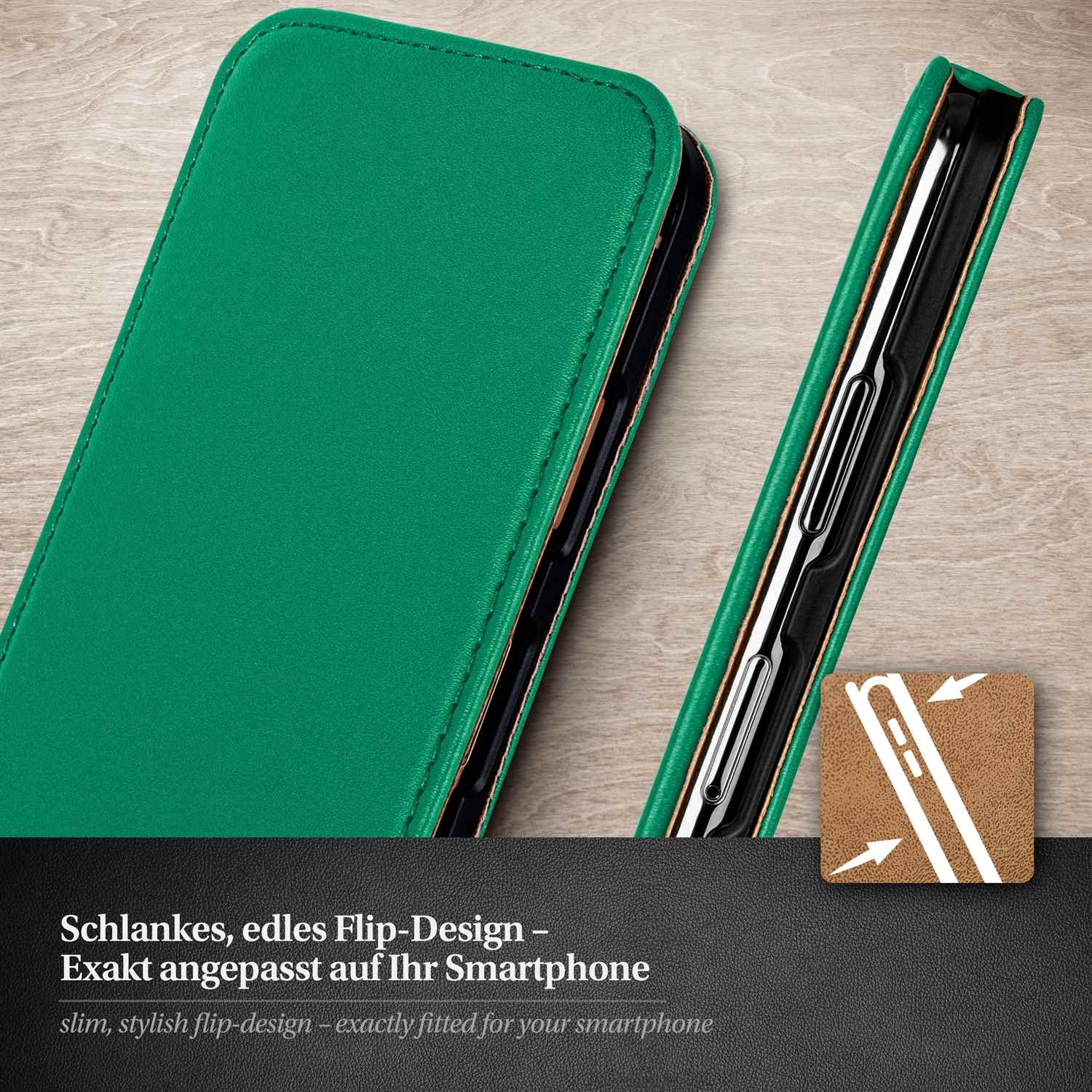 Eine grüne Handyhülle, geöffnet, um das Telefon im Inneren zu zeigen.
