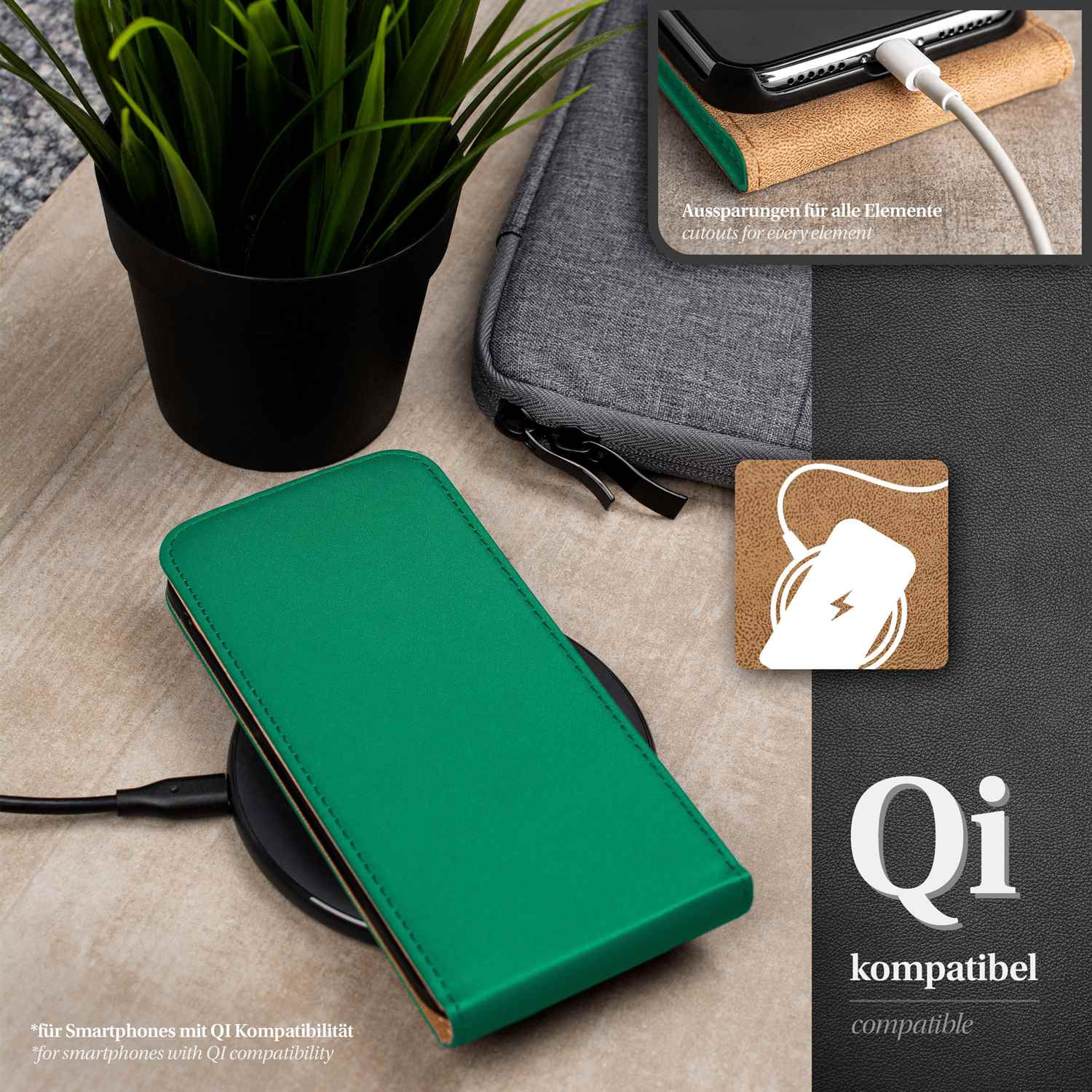 Grüne Handyhülle auf kabellosem Ladegerät, neben einer Pflanze und einem grauen Beutel. Text: Qi-kompatibel.
