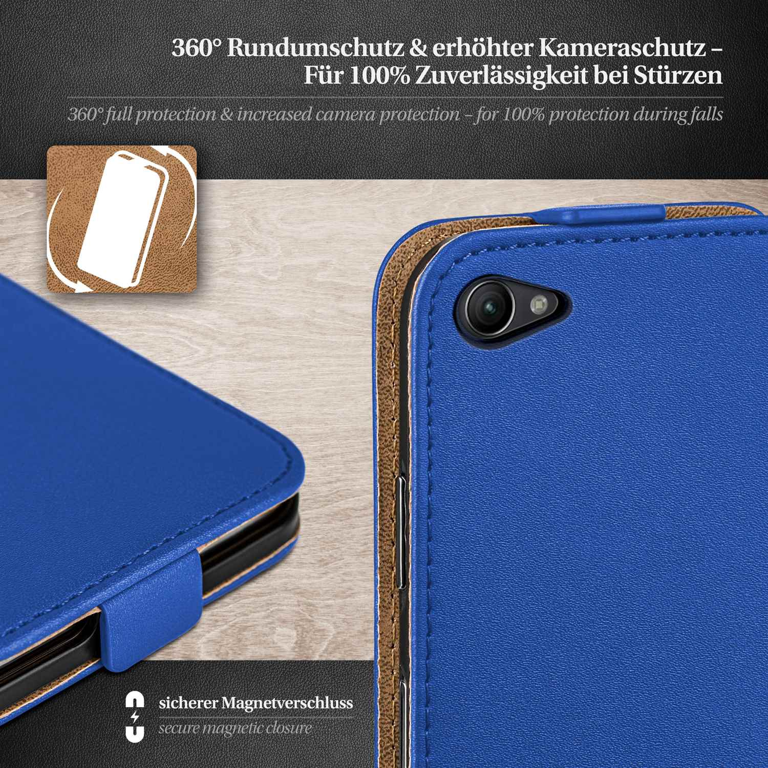 Blaue Handyhülle mit Telefon darin. Text-Overlay: 360° Rundumschutz und sicherer Magnetverschluss.