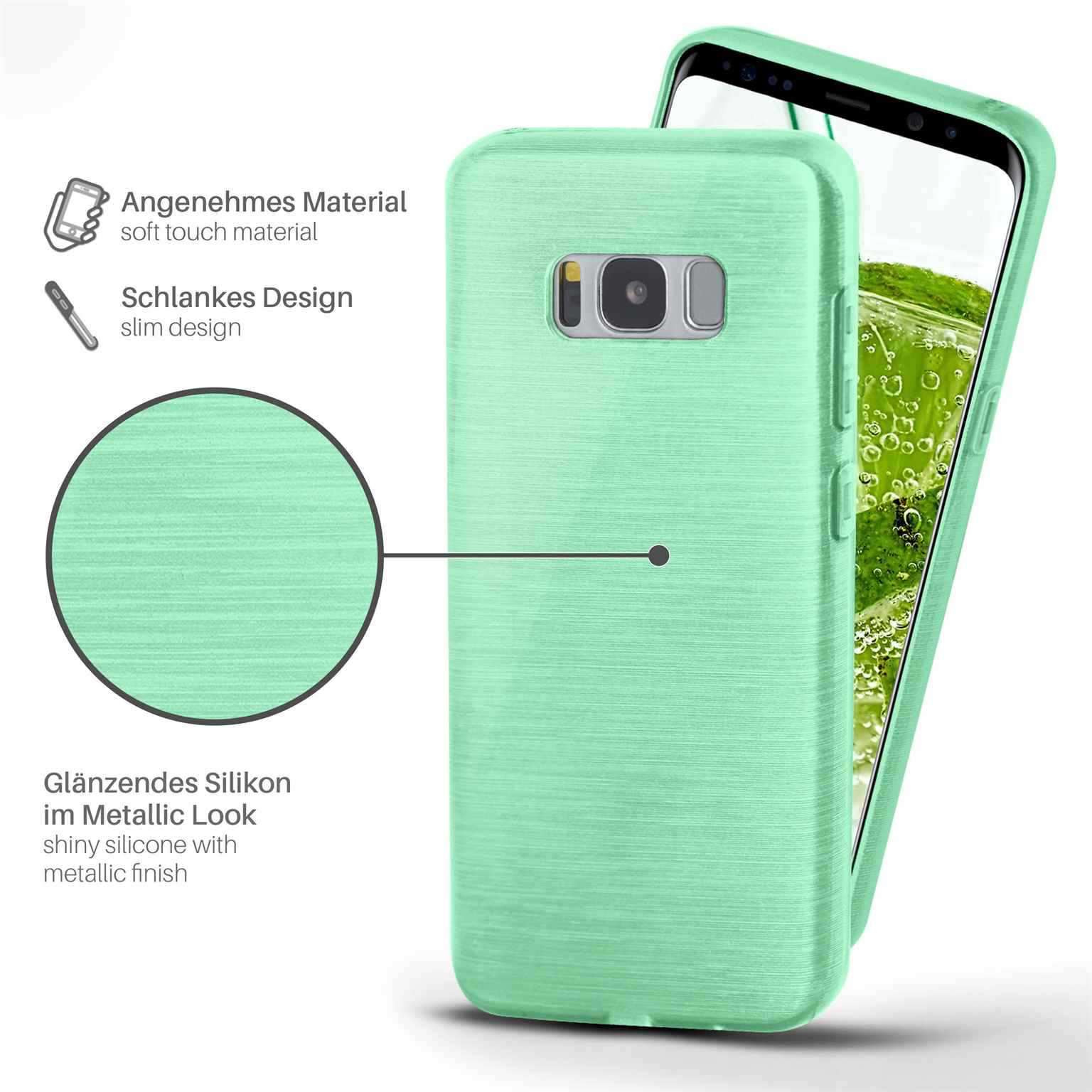 Eine mintgrüne Handyhülle mit Metallic-Finish. Text auf der linken Seite beschreibt Funktionen.