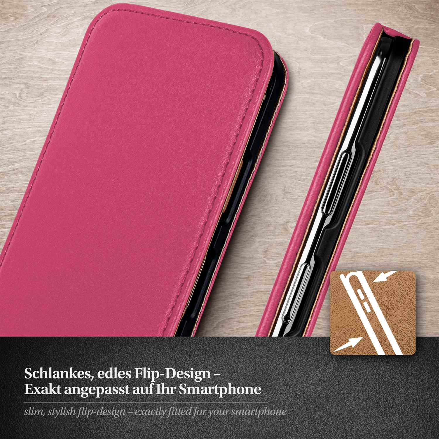 Rosafarbene Flip-Design-Handyhülle, geöffnet, um das Telefon zu zeigen. Hülle und Telefon sind rosa.