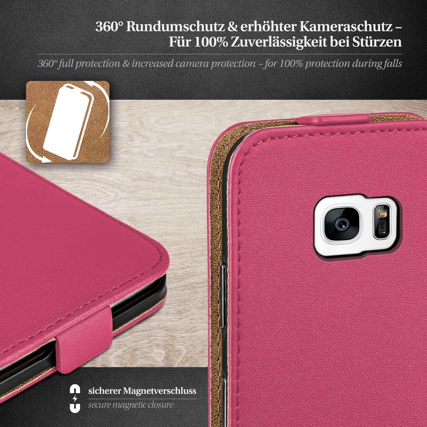 Rosa Handyhülle mit rosa Telefon. Text und Diagramm sichtbar. Hintergrund ist weiß.