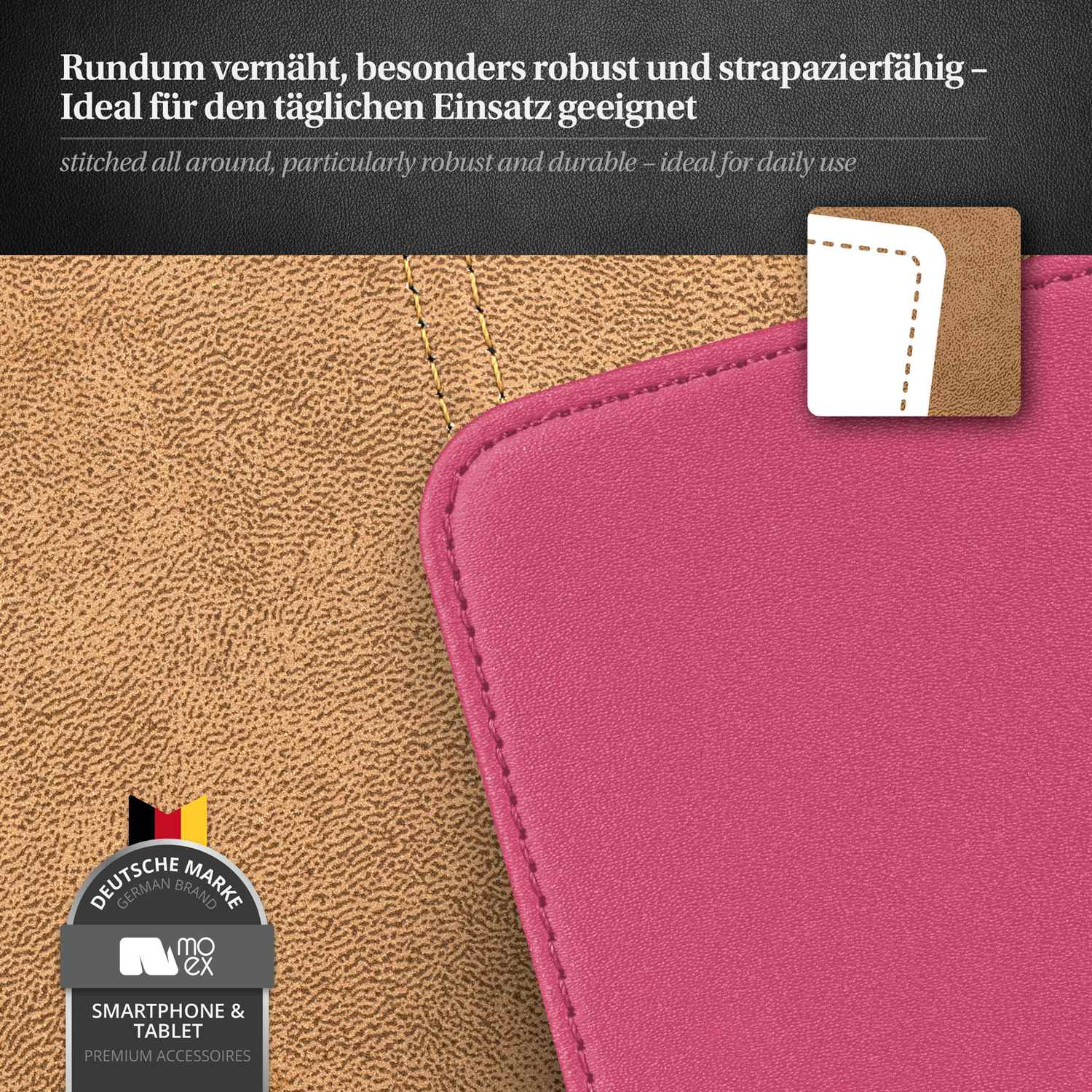 Nahaufnahme eines rosa Gehäuses mit braunem Innenraum, genäht mit einem Markenlogo.