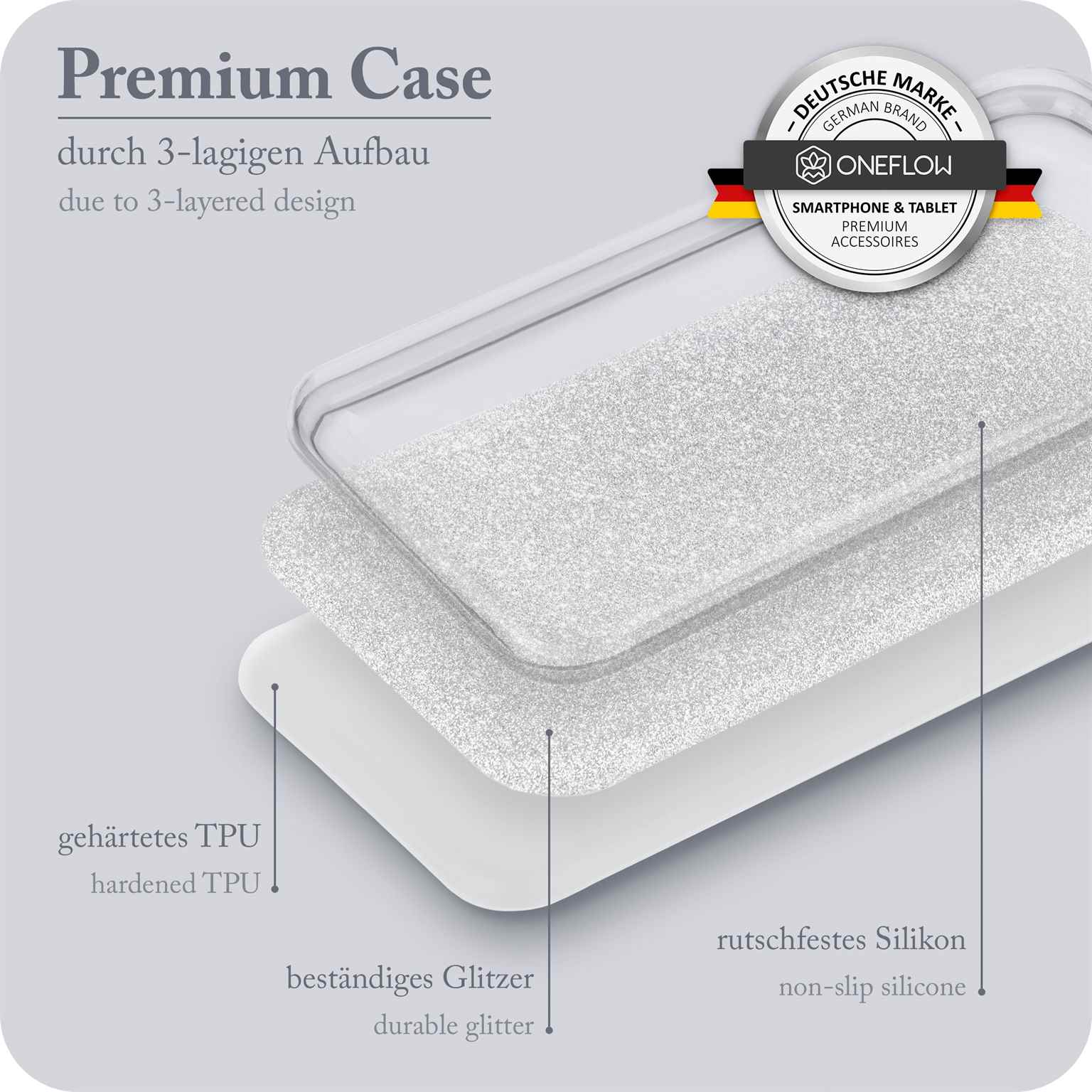 Eine mehrschichtige Handyhülle mit Glitzer- und rutschfesten Silikonschichten.