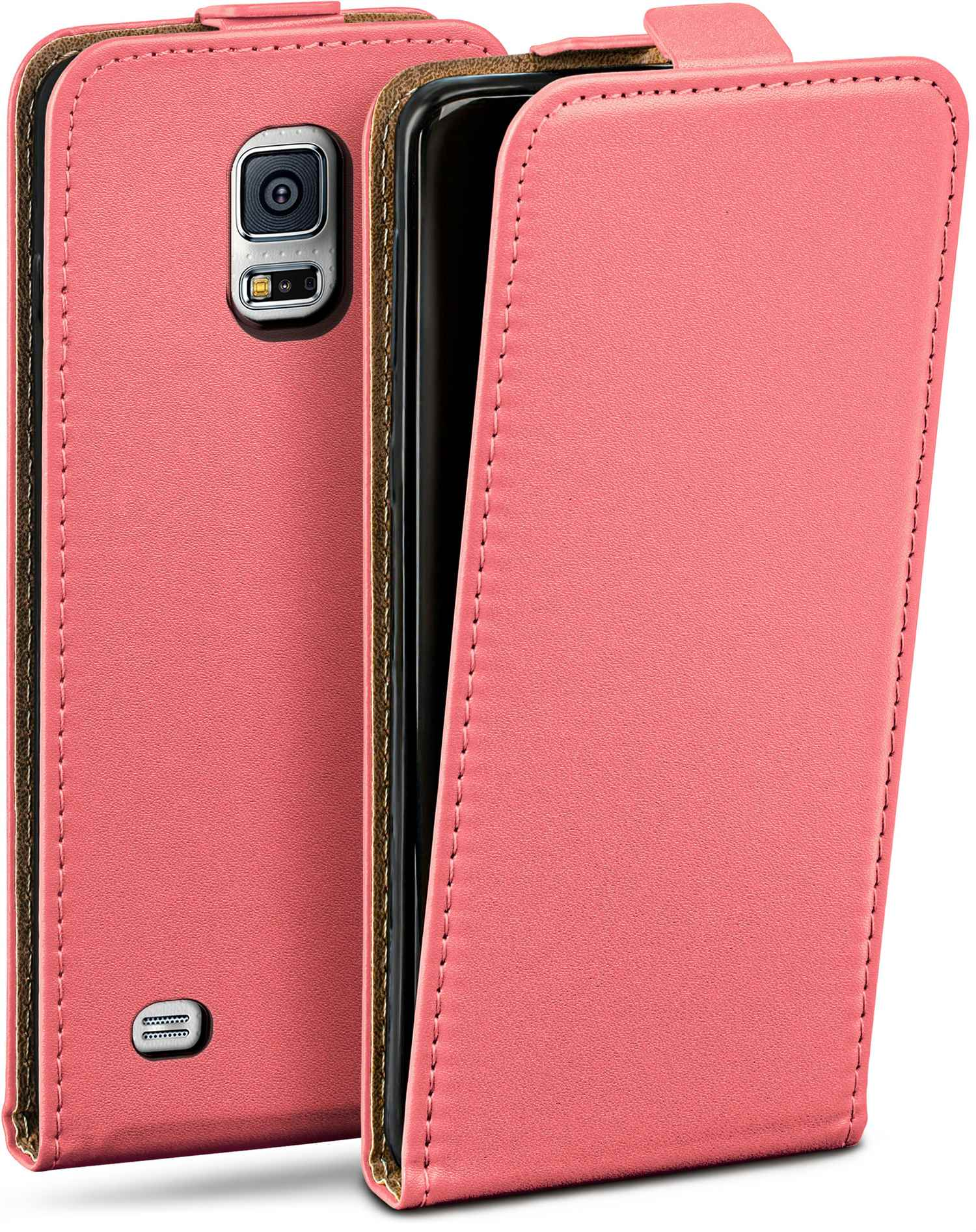 Pinkfarbene Handyhülle, teilweise geöffnet, zeigt ein Telefon. Braune Zierleisten und Nähte sind sichtbar.
