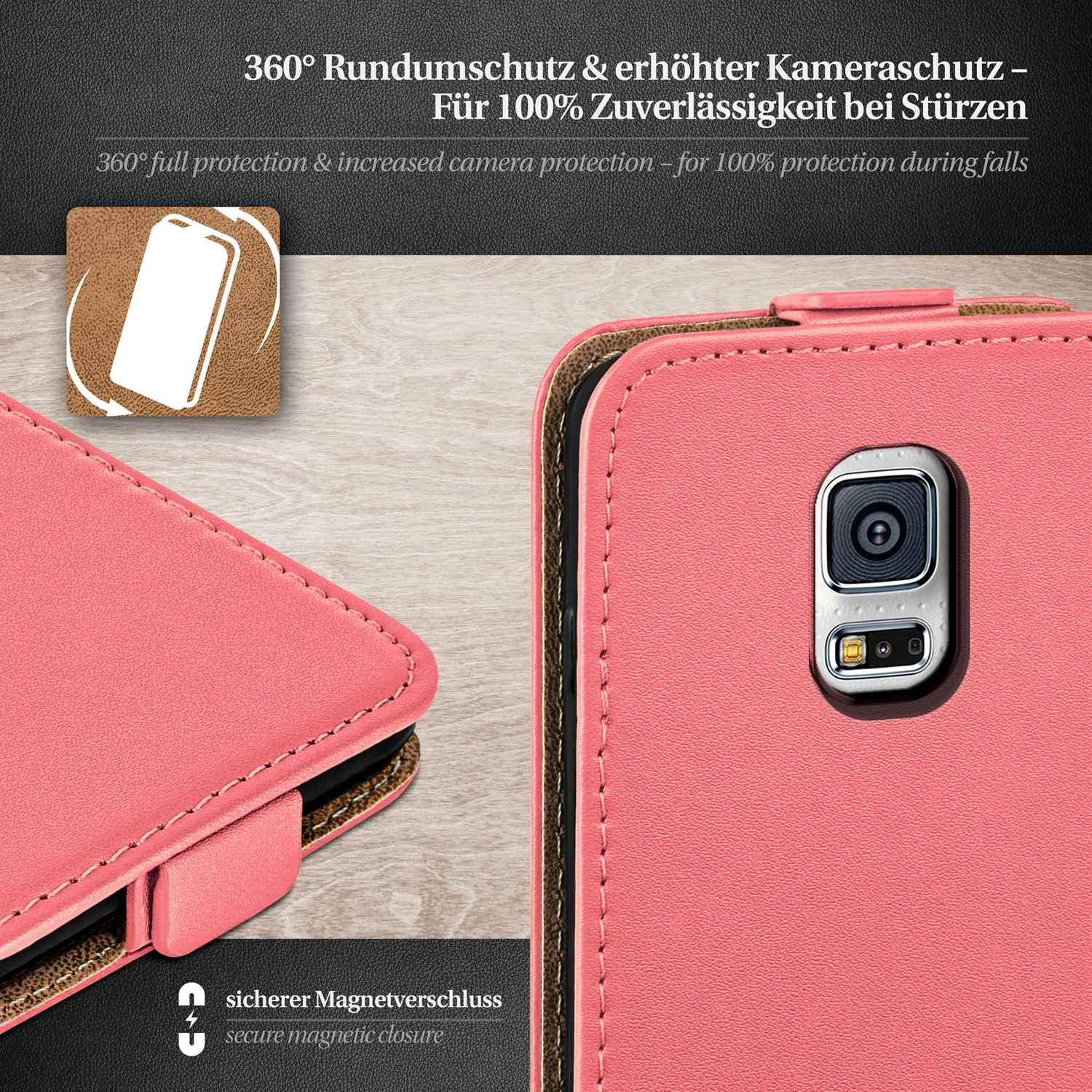 Offene, rosa Handyhülle. Text: 360° Rundumschutz & erhöhter Kameraschutz - für 100% Schutz bei Stürzen.