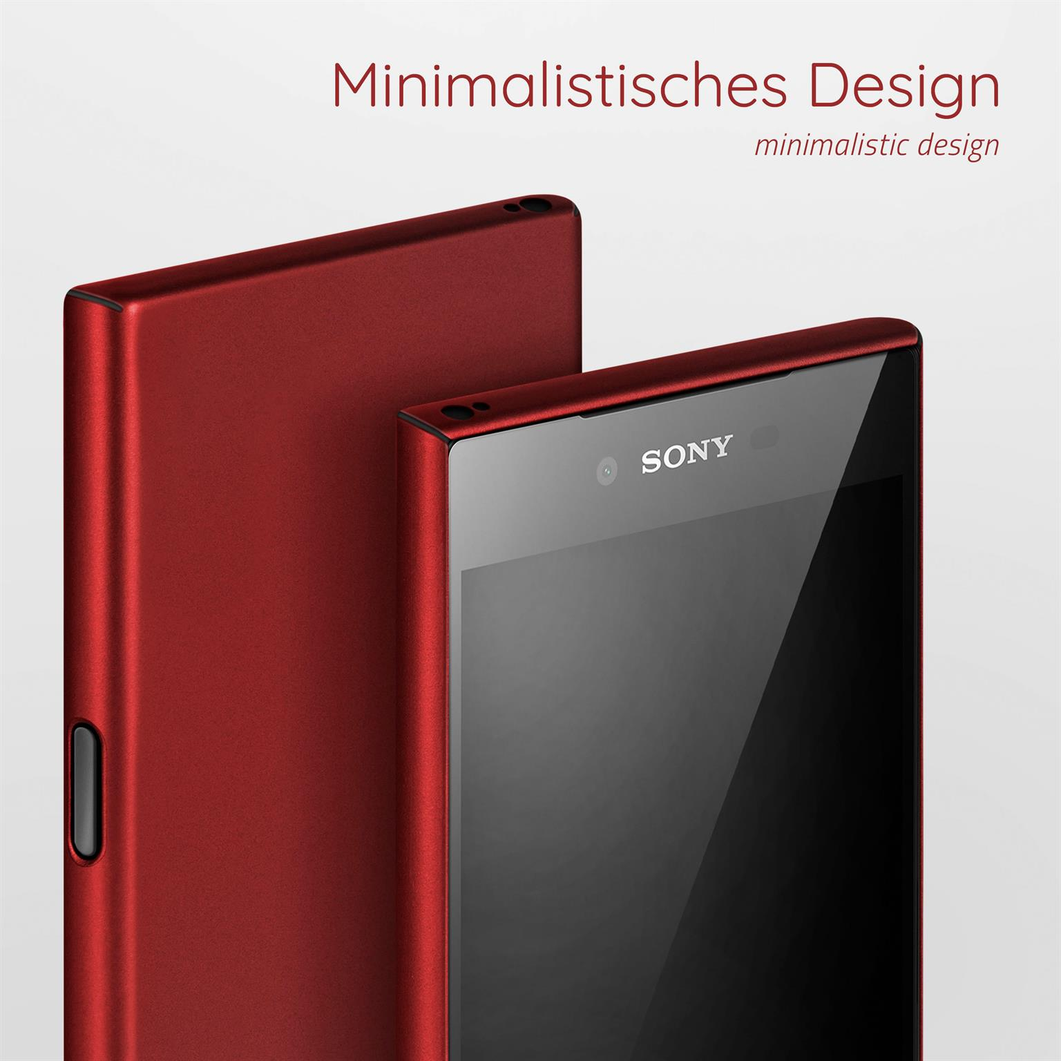 Rote Handyhülle und Telefon mit schwarzem Bildschirm, die Marke SONY ist sichtbar.