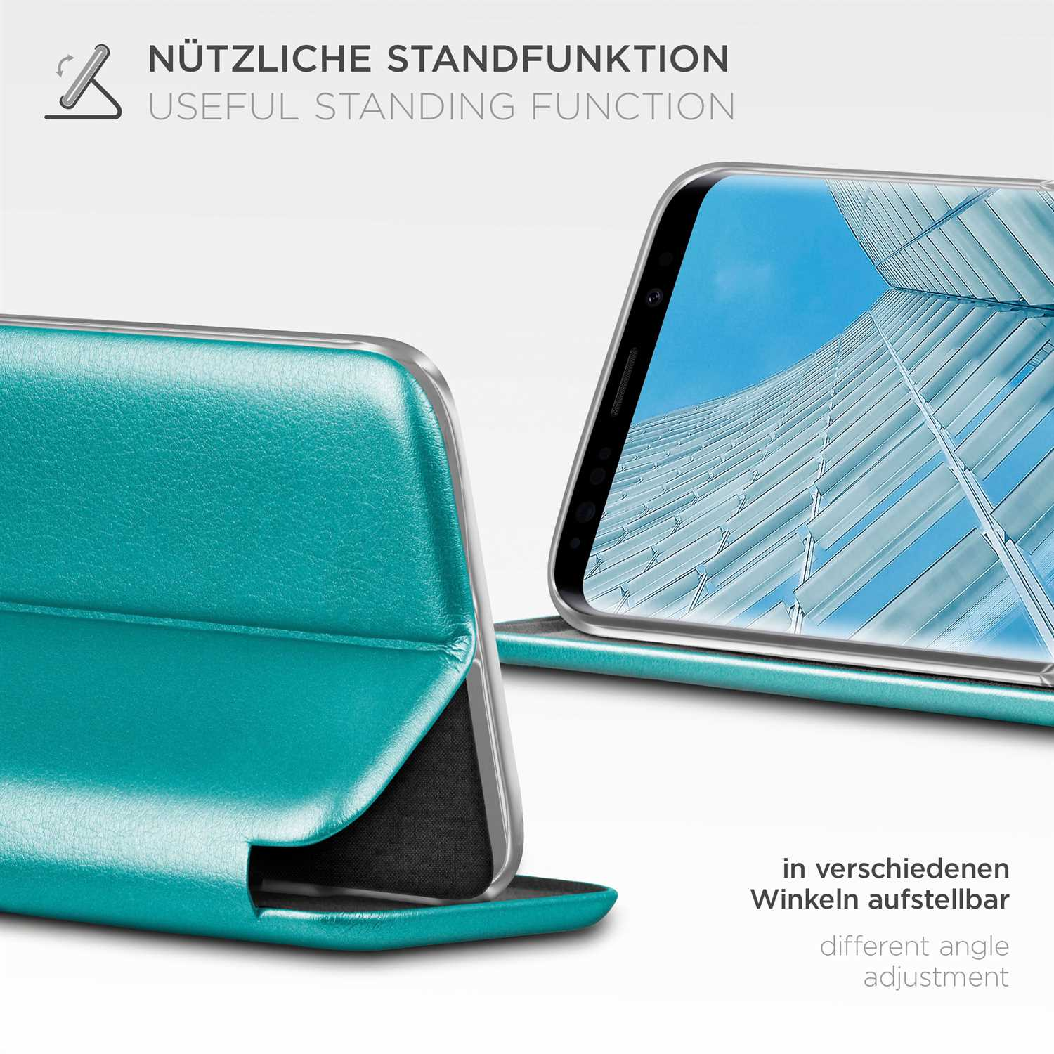 Türkisfarbene Handyhülle ist geöffnet und zeigt ein Gebäude im Display. Der Hintergrund ist weiß.