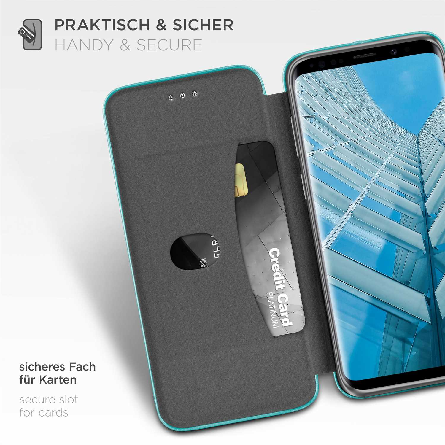 Eine blaue Handyhülle öffnet sich und zeigt ein Telefon mit einer Kreditkarte in einem Schlitz.