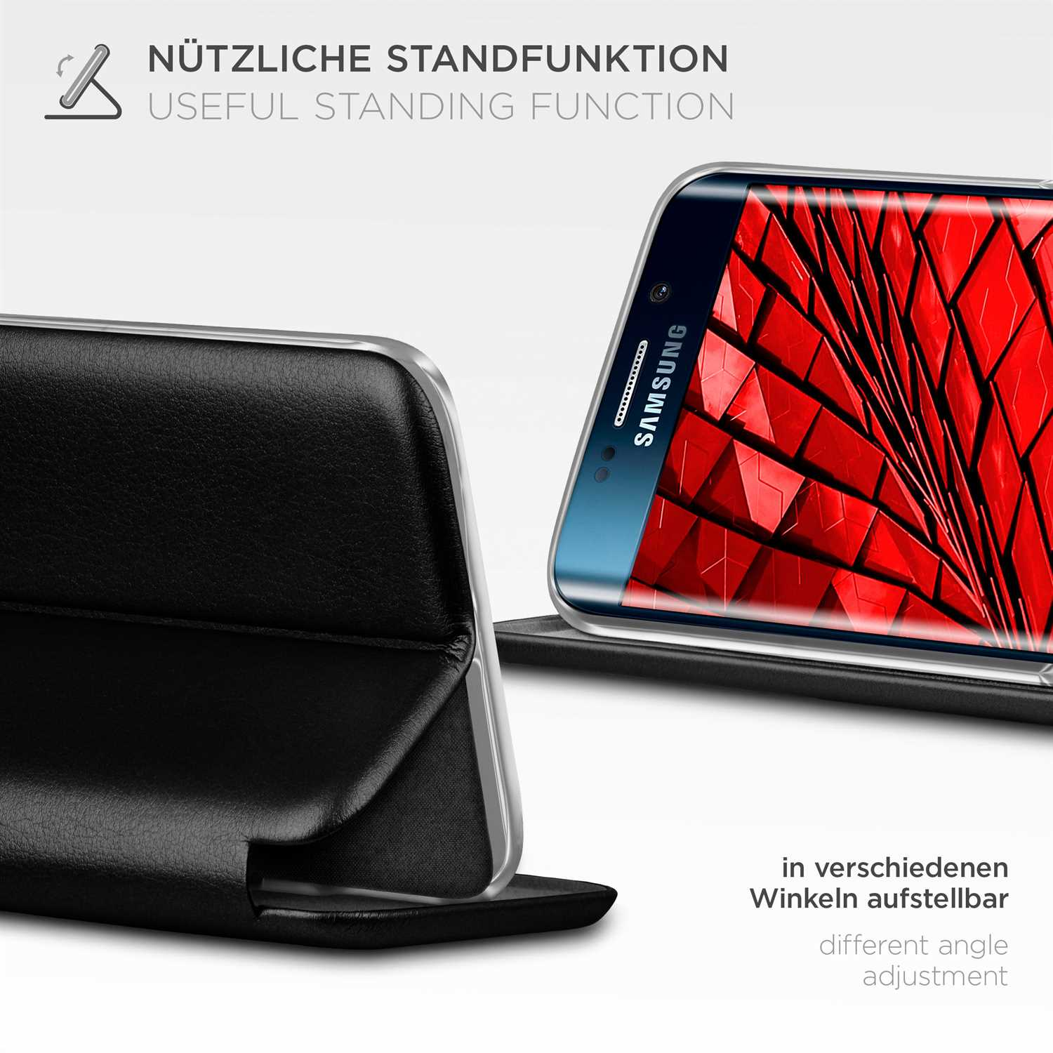 Eine Handyhülle steht offen. Ein Telefon mit rotem Musterbildschirm ist sichtbar.